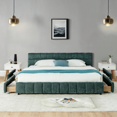 California King Size Upholstered Bed With Headboard And Drawer For Storage - Olive