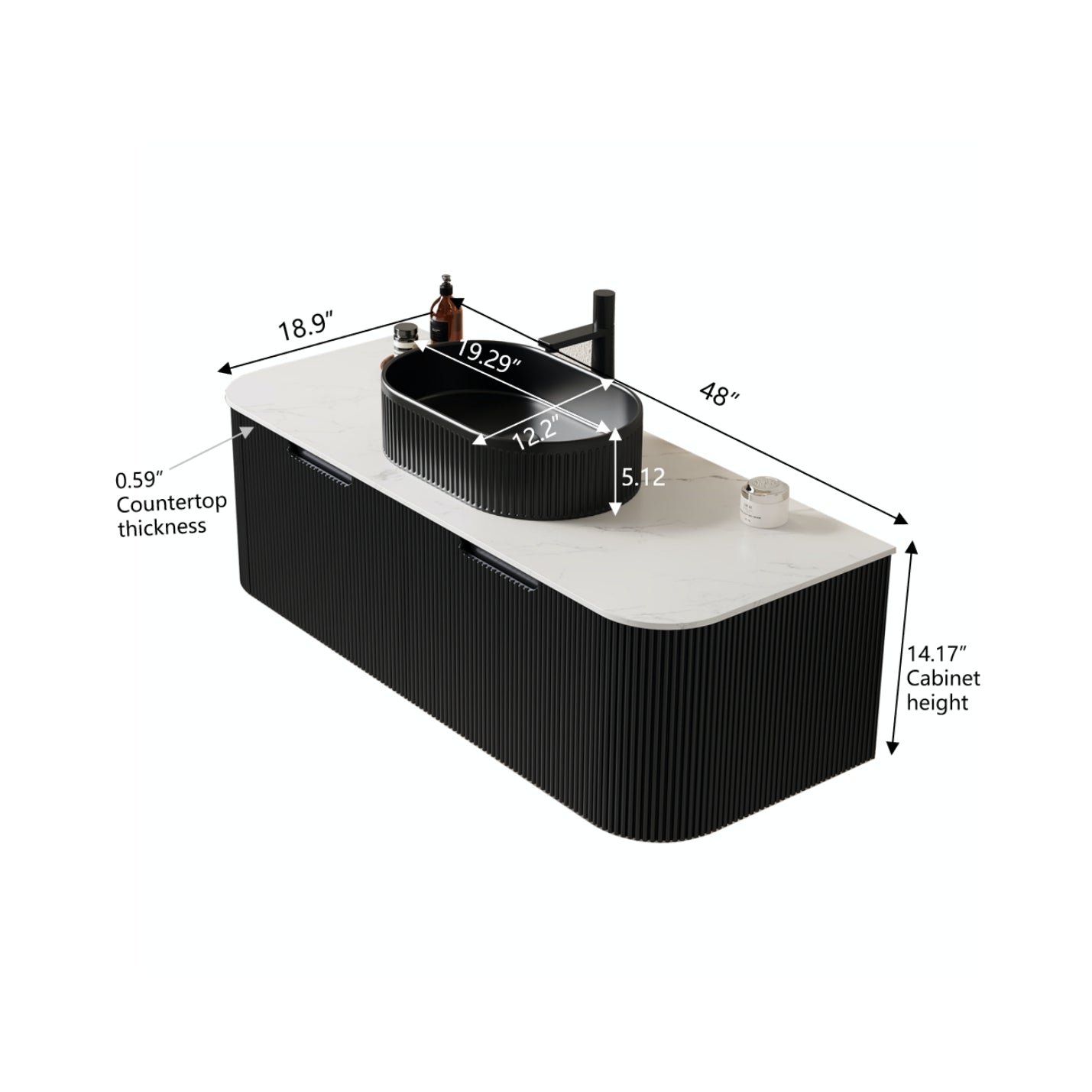 Floating Bathroom Vanity With Sink and Curved Edges Striped Storage Cabinet With 2 Drawers - Black Ceramic
