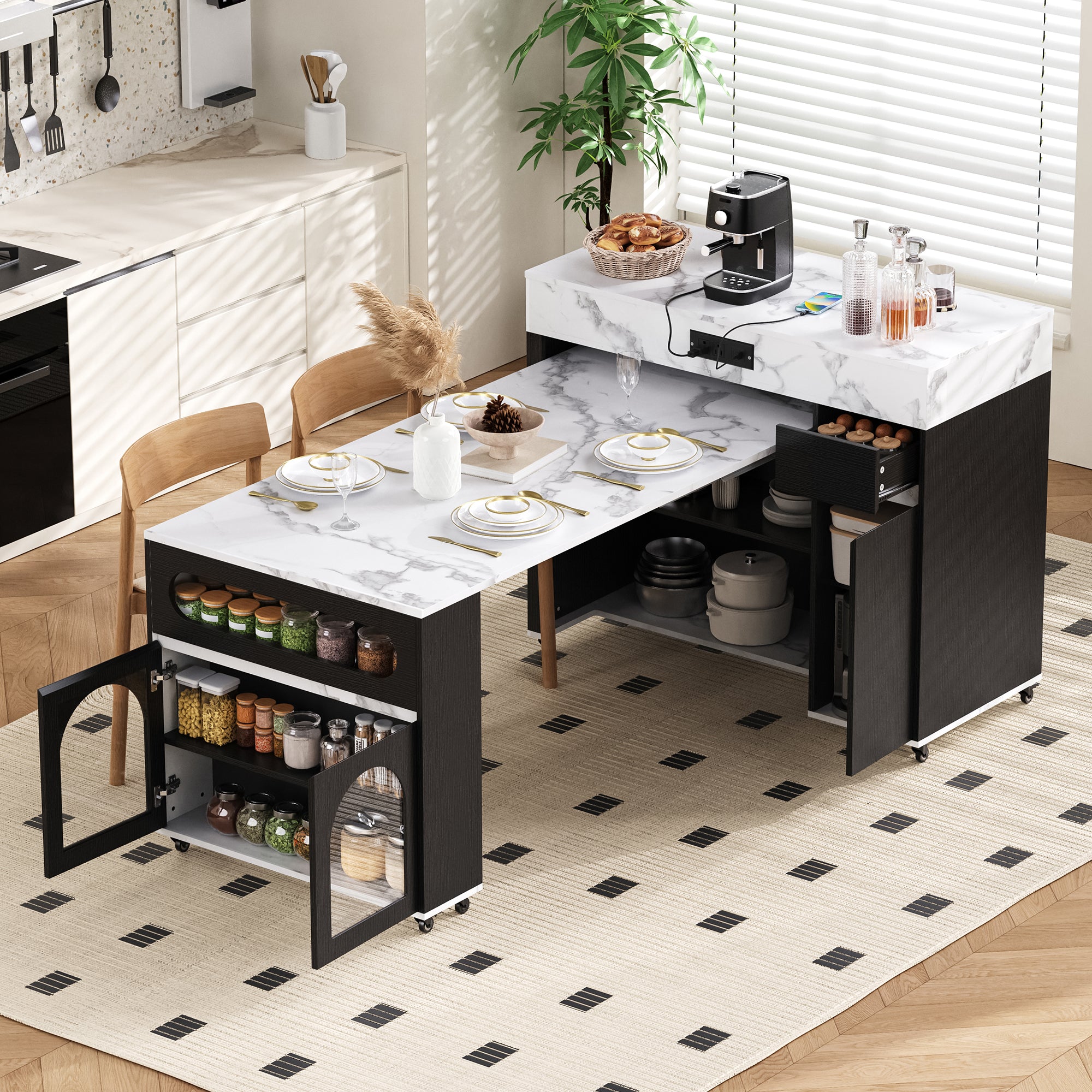 Extendable Kitchen Island With Dining Table and Storage - Black