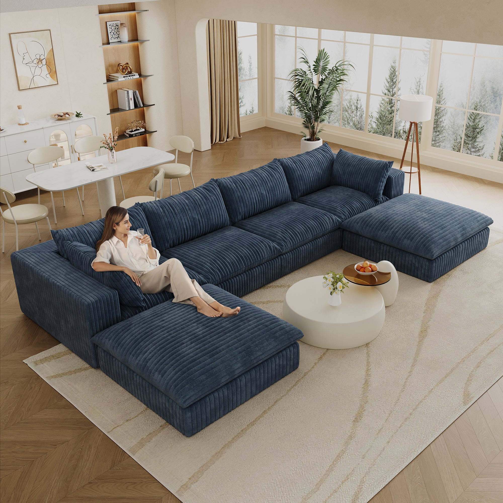Cloud Sofa U Shaped in Corduroy Fabric - Blue