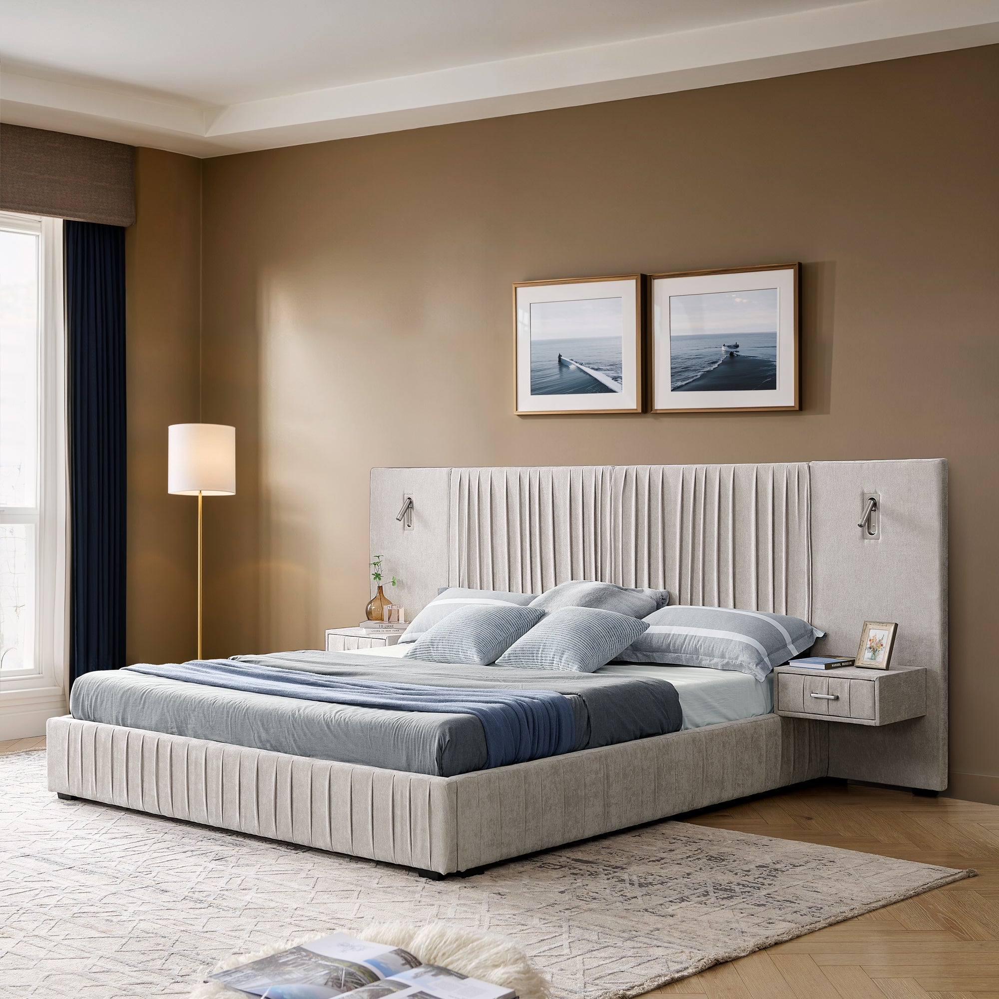 Queen Size Upholstered Bed Frame With Chenille Fabric and Pleated Design - Beige
