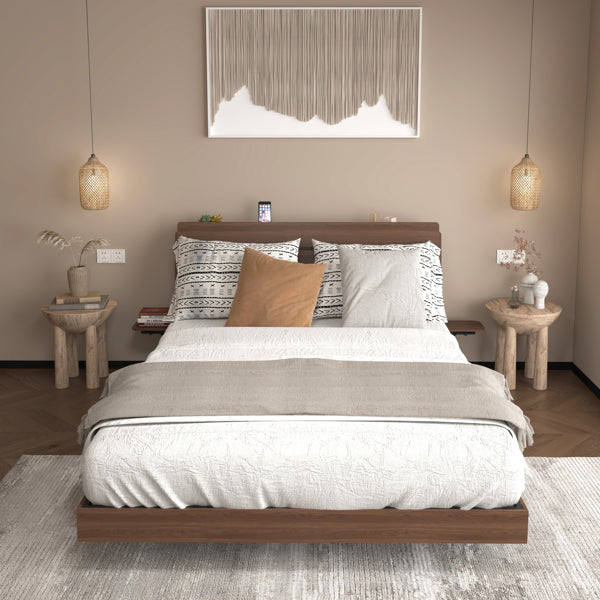 Floating Queen Size Bed Frame With Led Lights And Charging Station - Walnut