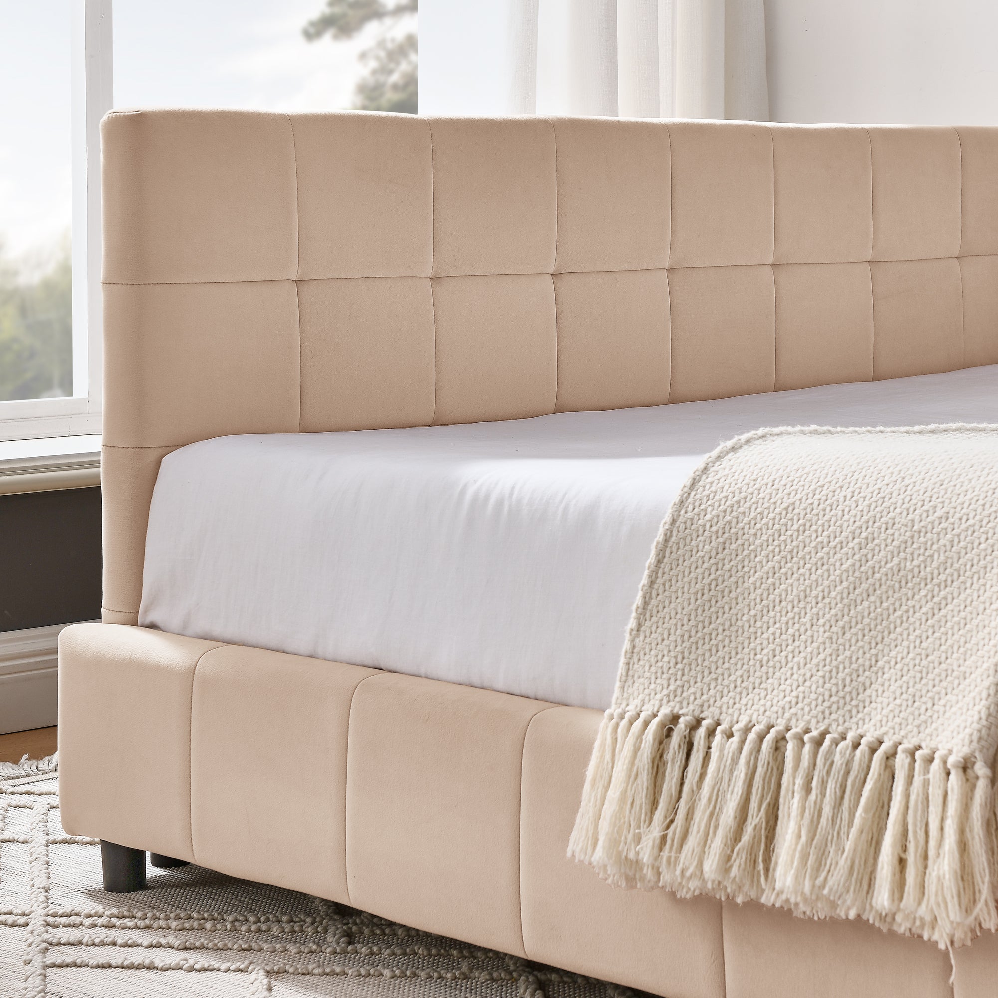 Queen Size Upholstered Tufted Bed Frame With Comfortable Backrest And Armrests - Velvet Pink