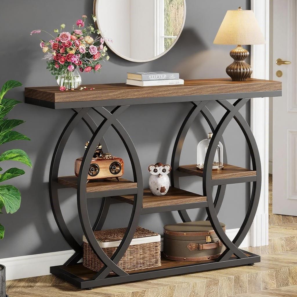 Console Table With Storage - Black Wood