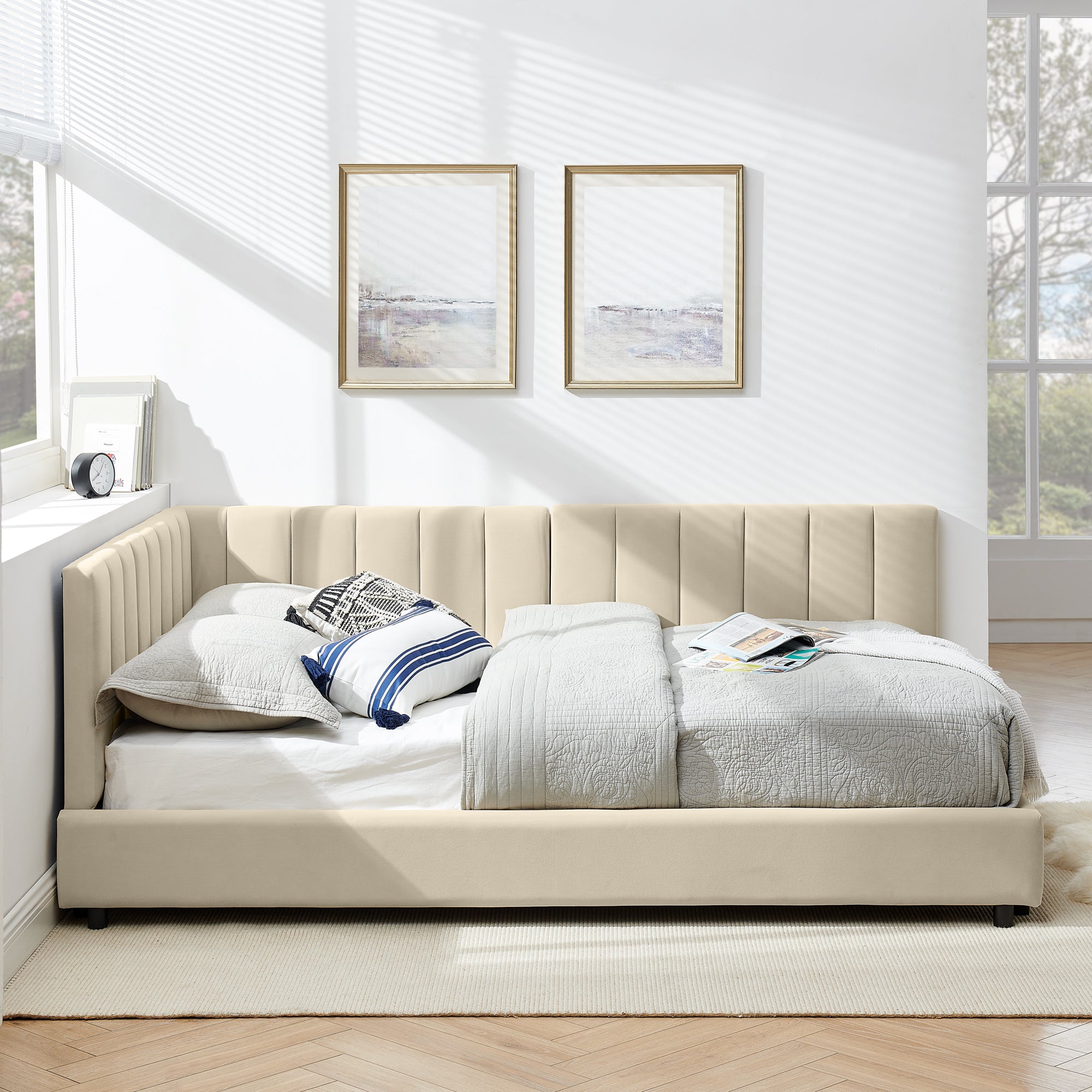 Queen Size Upholstered Tufted Bed Frame With Comfortable Backrest And Armrests - Velvet Beige