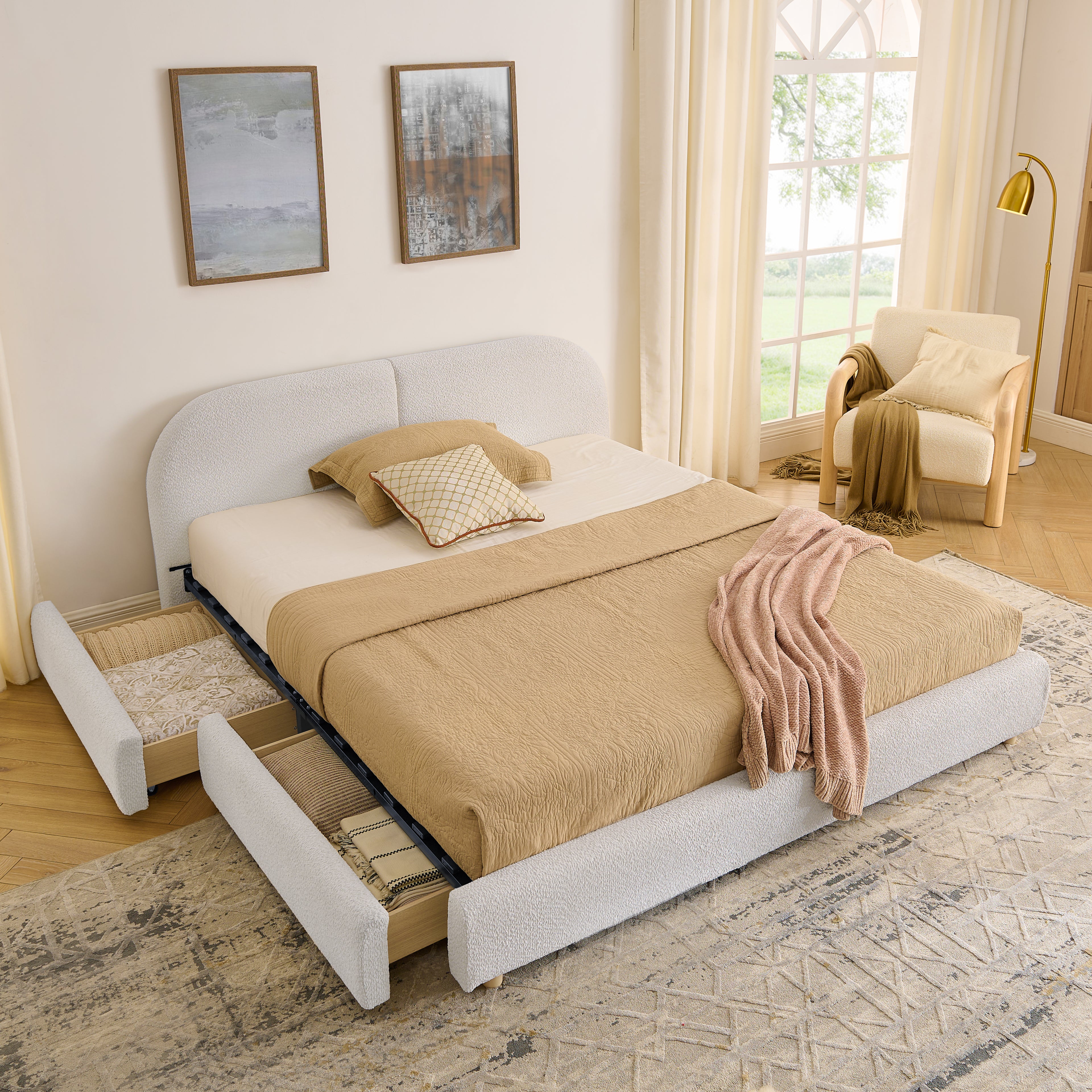 Queen Size Upholstered Bed Frame in Modern Minimalist Style - Beige