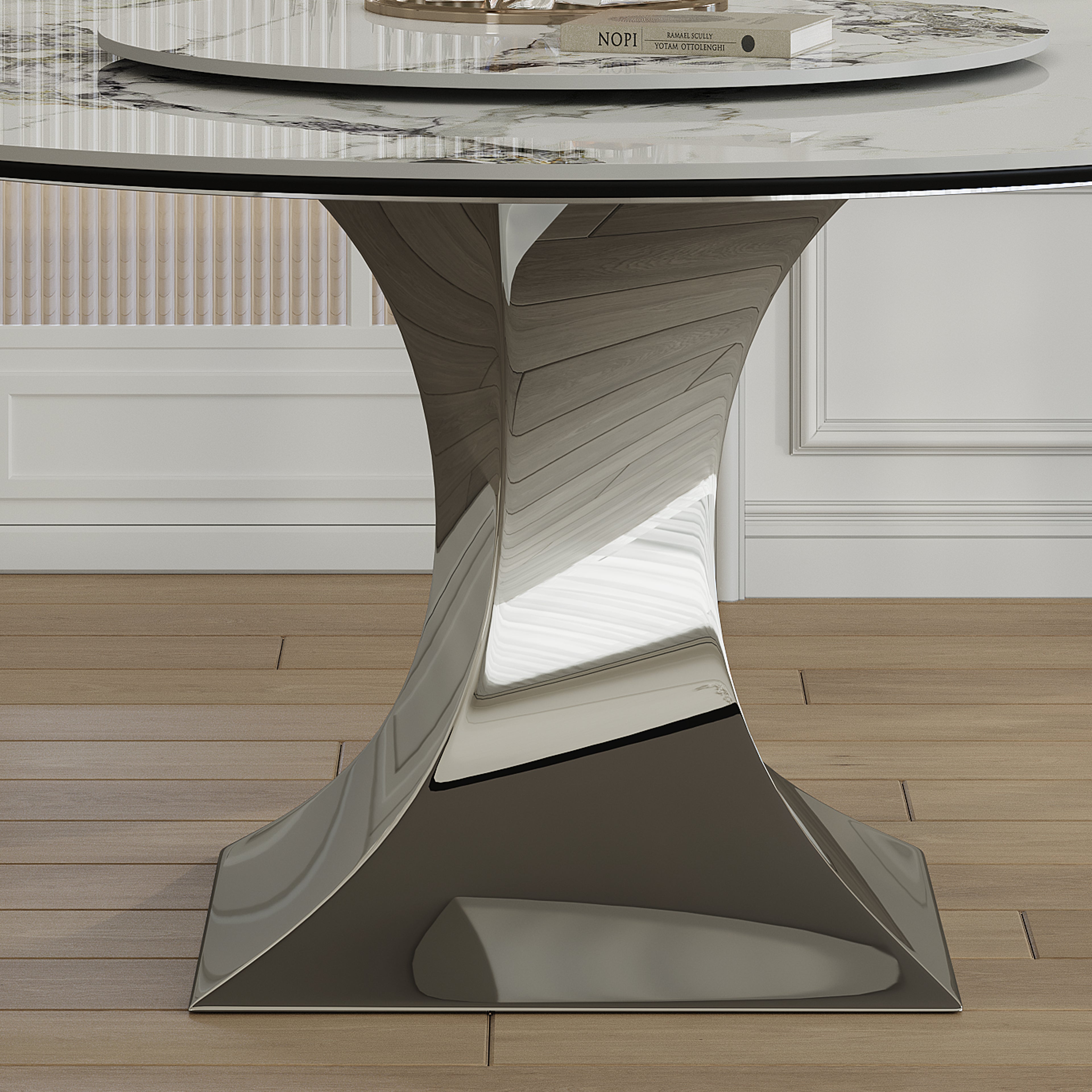 Round Sintered Marble Stone Dining Table Set With Stainless Steel Black Titanium Hourglass Base
