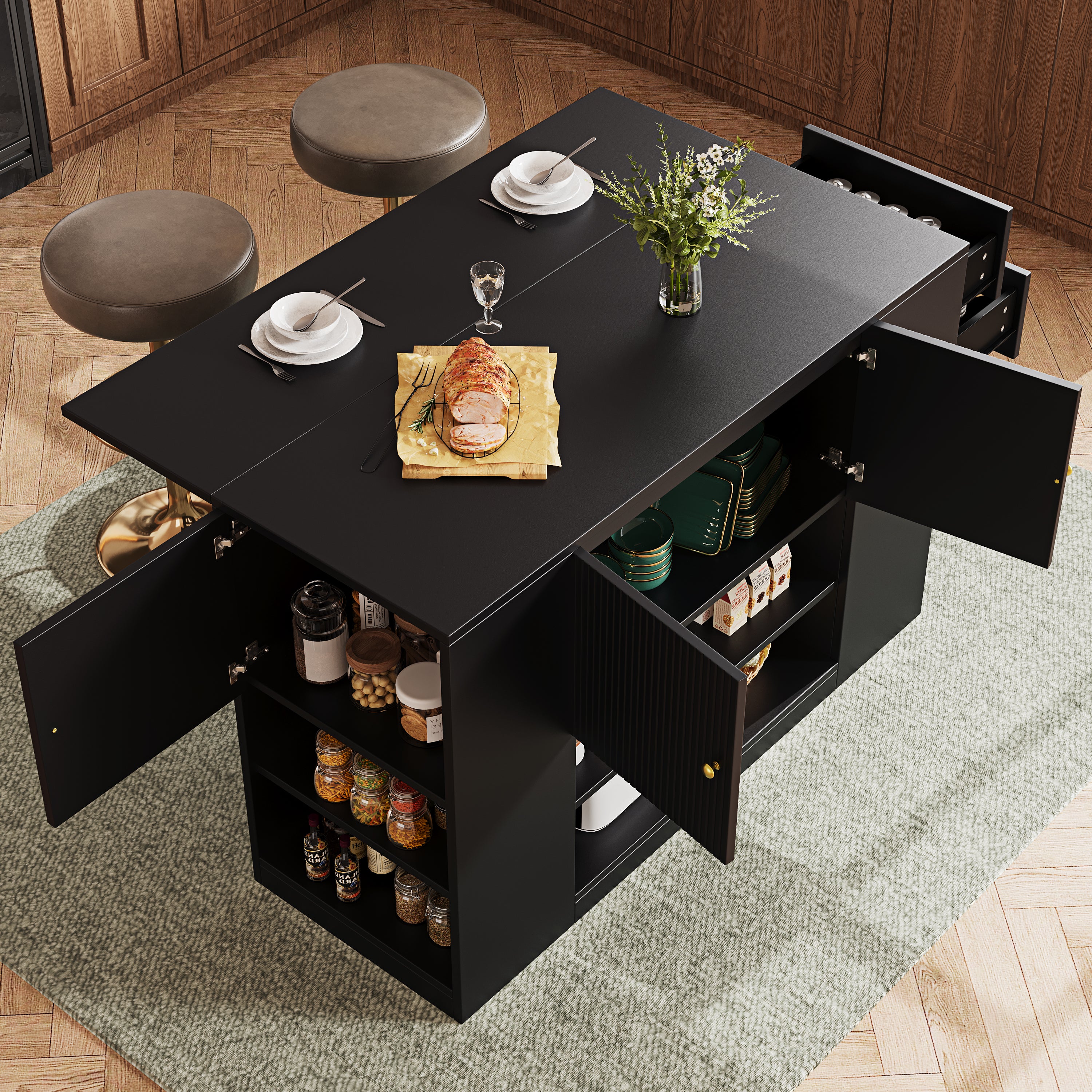 Kitchen Island Cabinet With Drawers And Shelves - Black