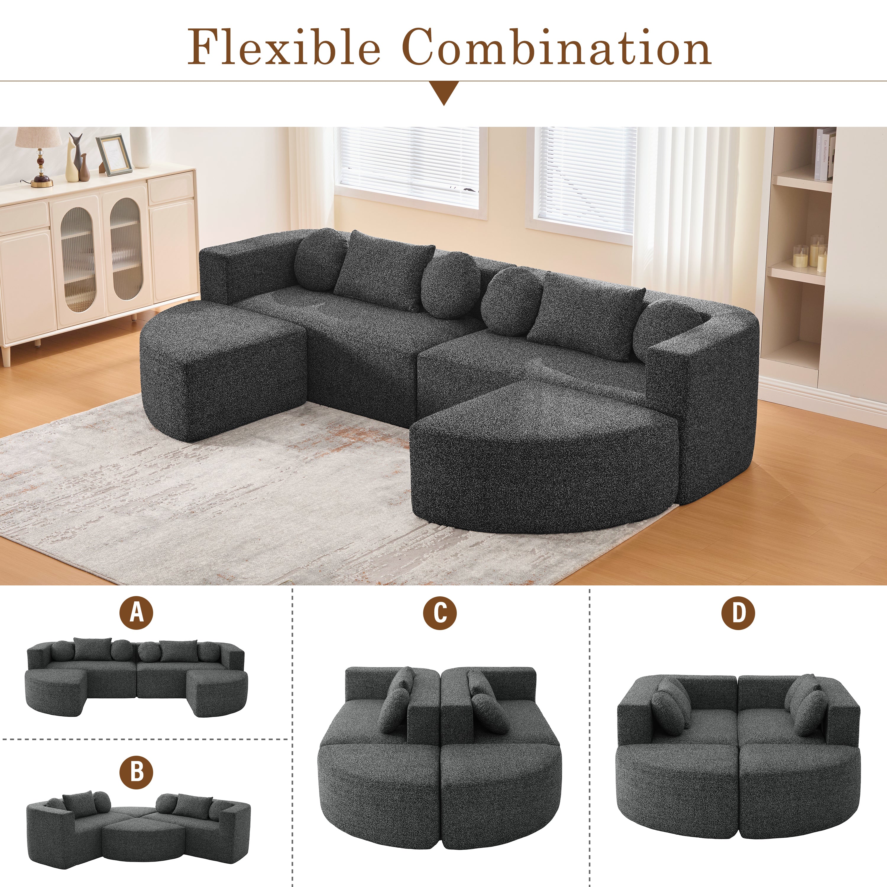 Boneless Modular Sectional Sofa 1With Deep Seating And Curved Design - Black