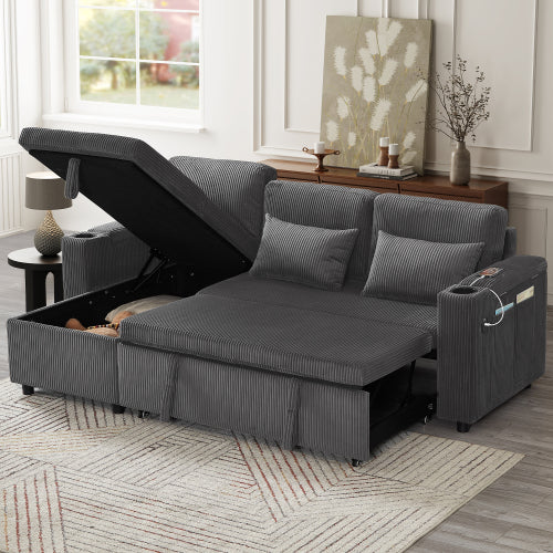 3 In 1 Convertible Corduroy Sofa Bed With Storage And Charging Station