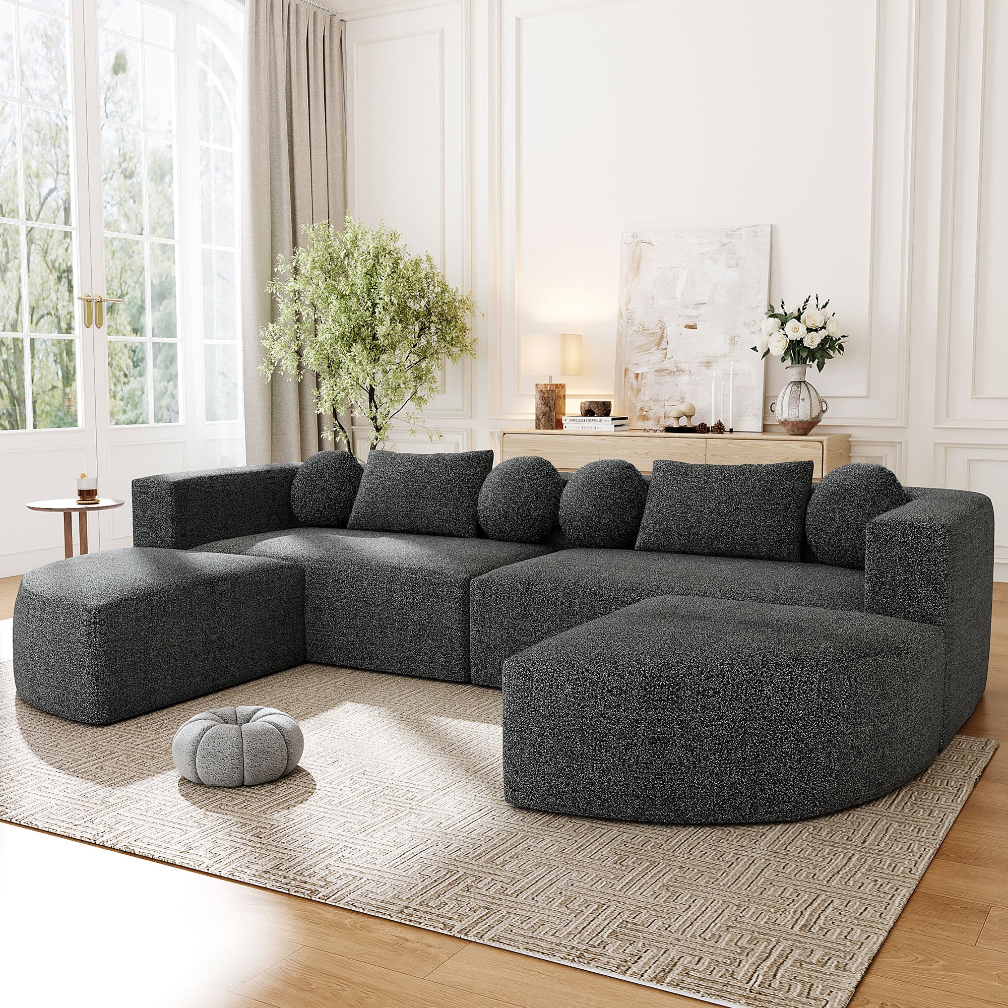 Boneless Modular Sectional Sofa 1With Deep Seating And Curved Design - Black