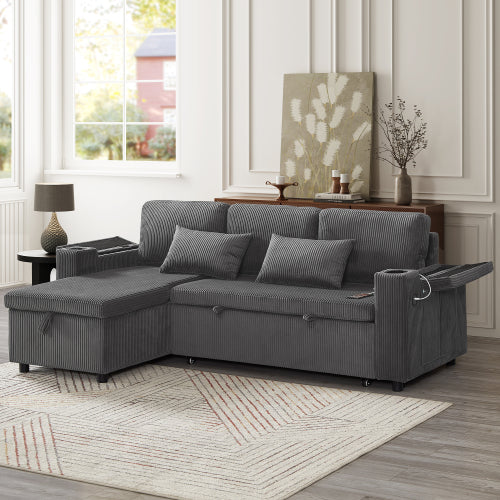 3 In 1 Convertible Corduroy Sofa Bed With Storage And Charging Station