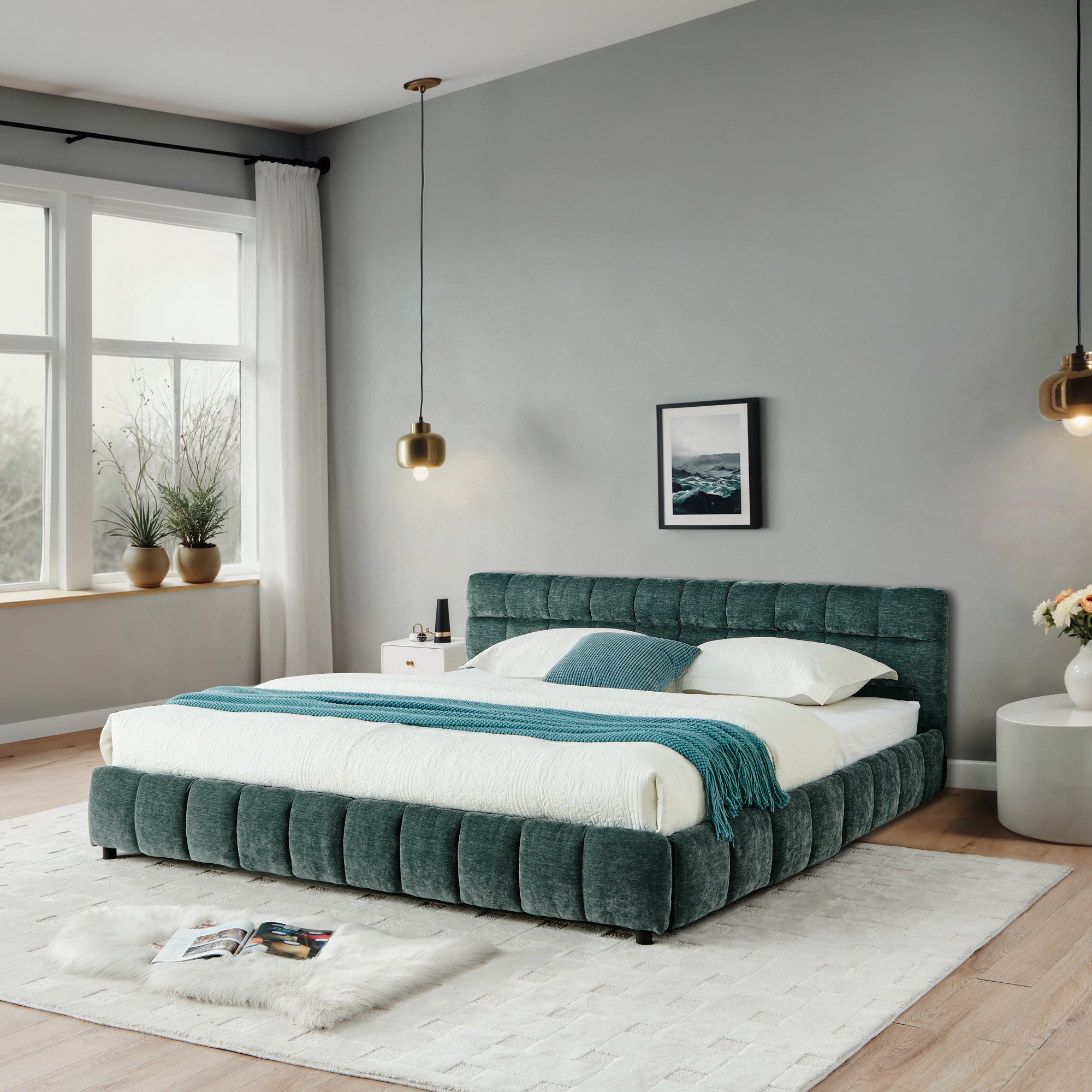 California King Size Upholstered Bed With Headboard And Drawer For Storage - Olive