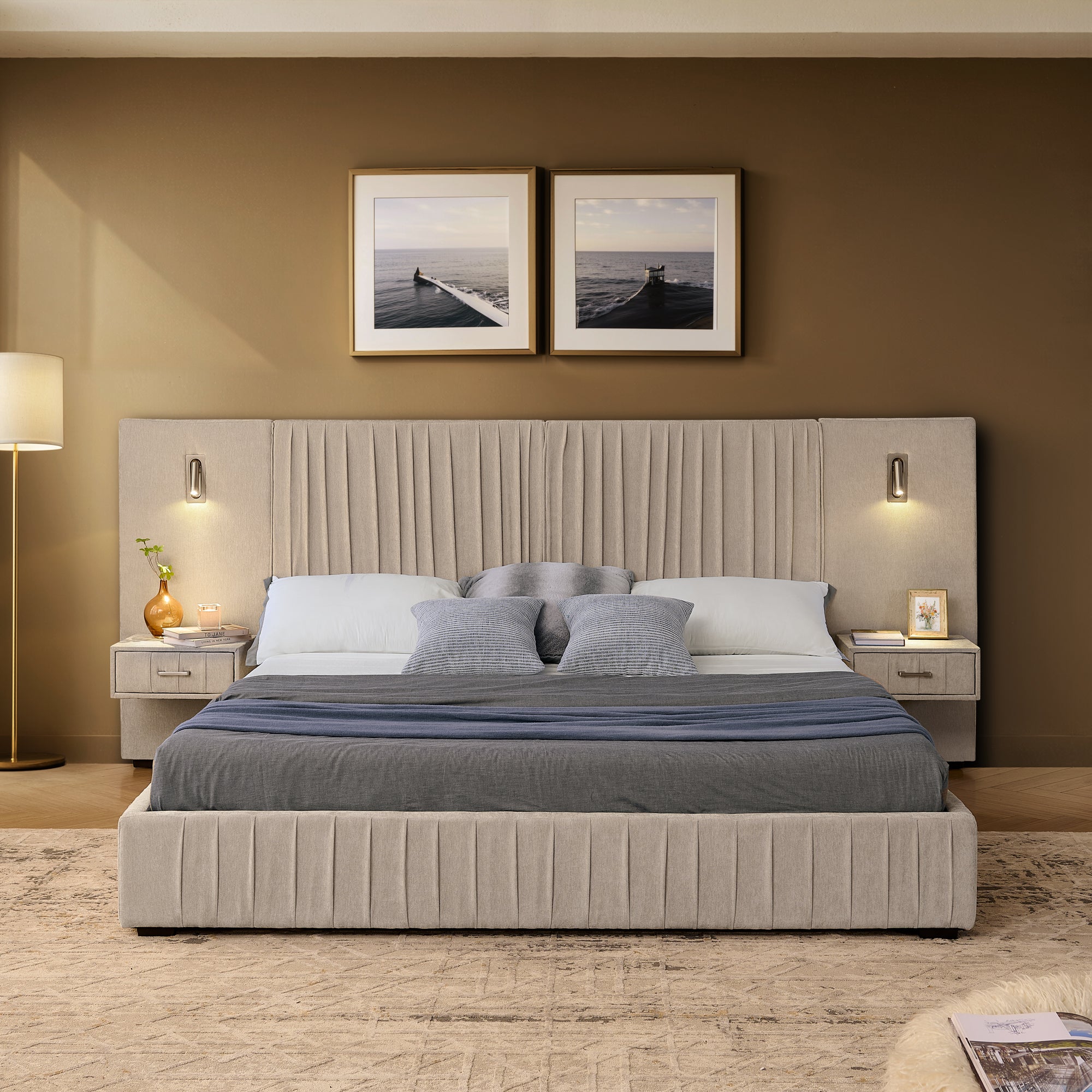 Queen Size Upholstered Bed Frame With Chenille Fabric and Pleated Design - Beige