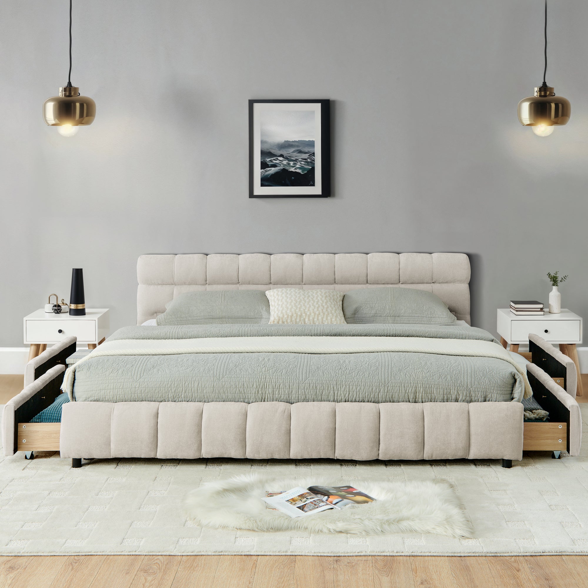 California King Size Upholstered Bed With Headboard And Drawer For Storage - Beige