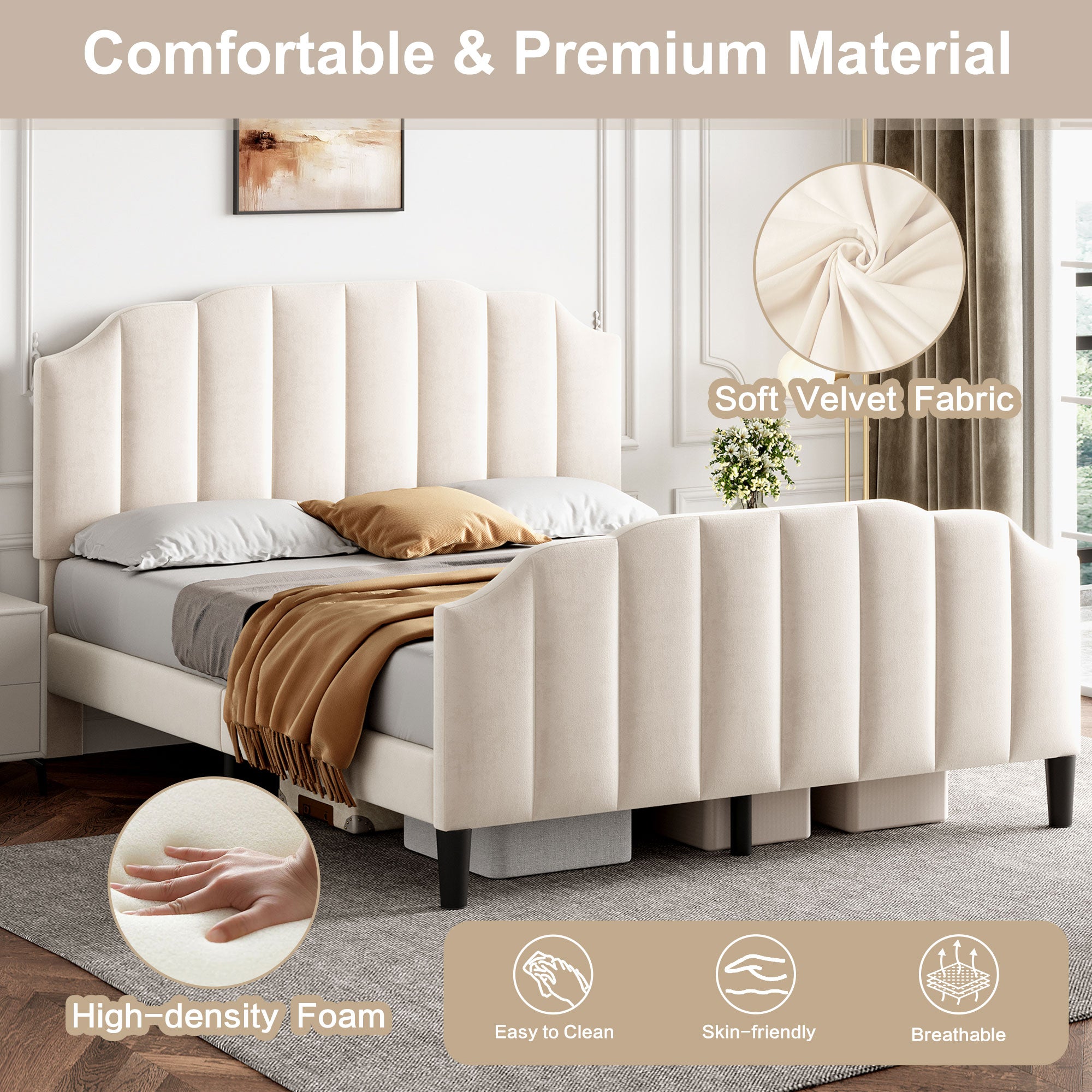 Velvet Upholstered Double Bed Frame - Beige