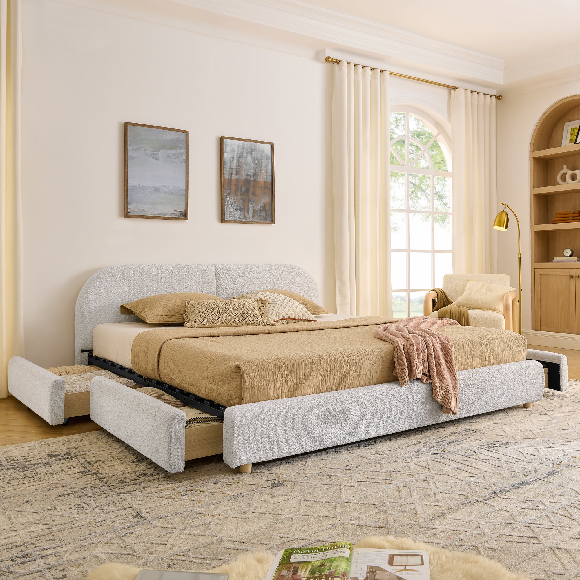King Size Upholstered Bed Frame in Modern Minimalist Style - Beige