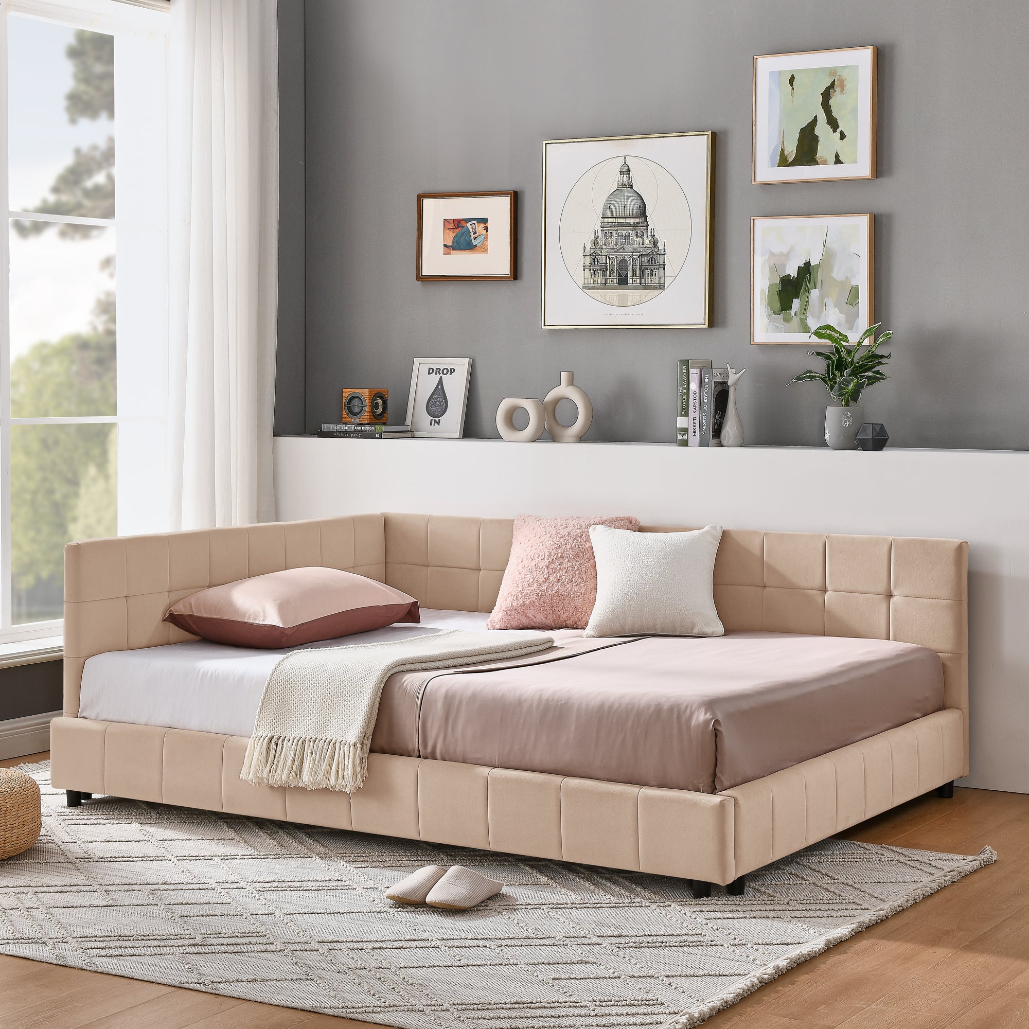 Queen Size Upholstered Tufted Bed Frame With Comfortable Backrest And Armrests - Velvet Pink
