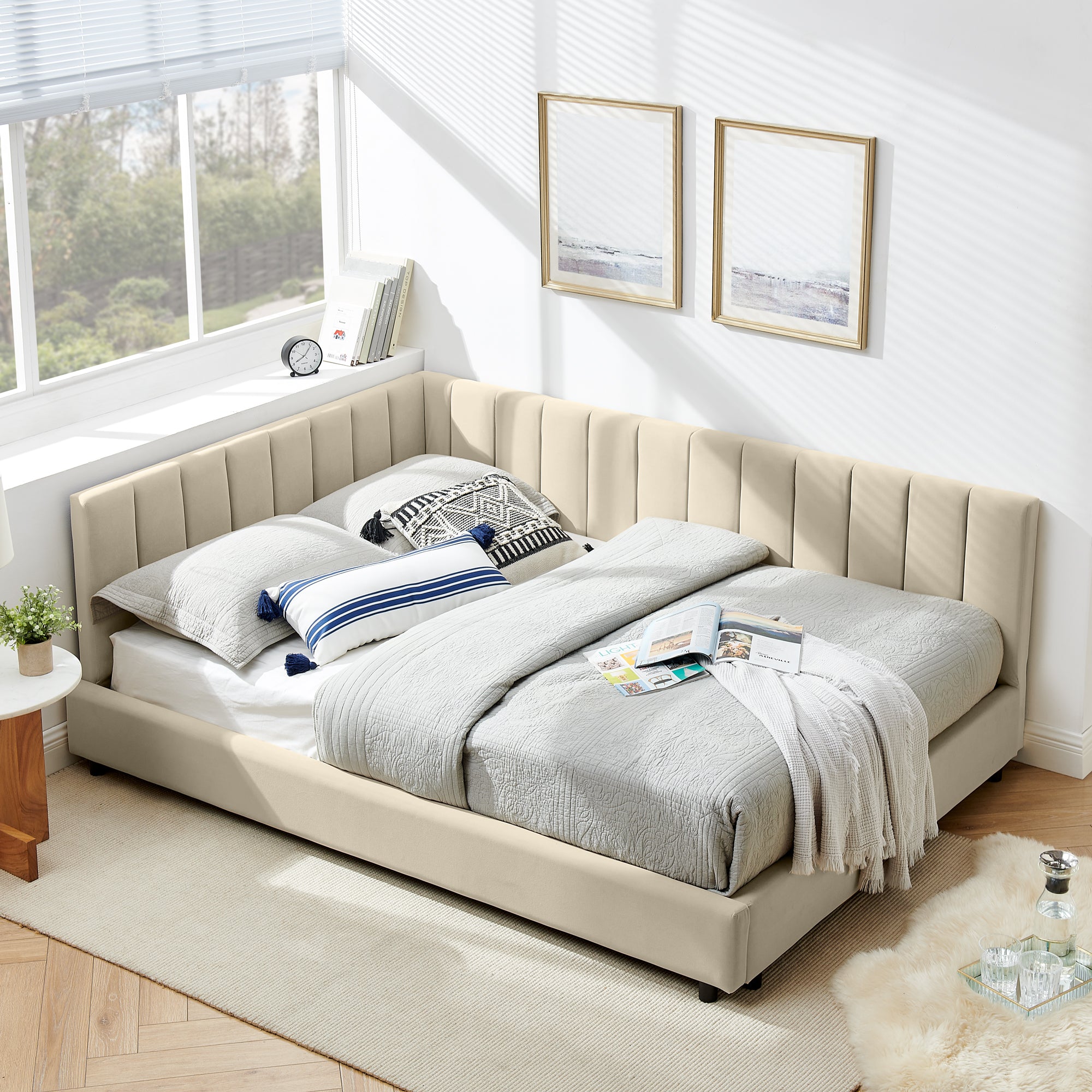 Queen Size Upholstered Tufted Bed Frame With Comfortable Backrest And Armrests - Velvet Beige