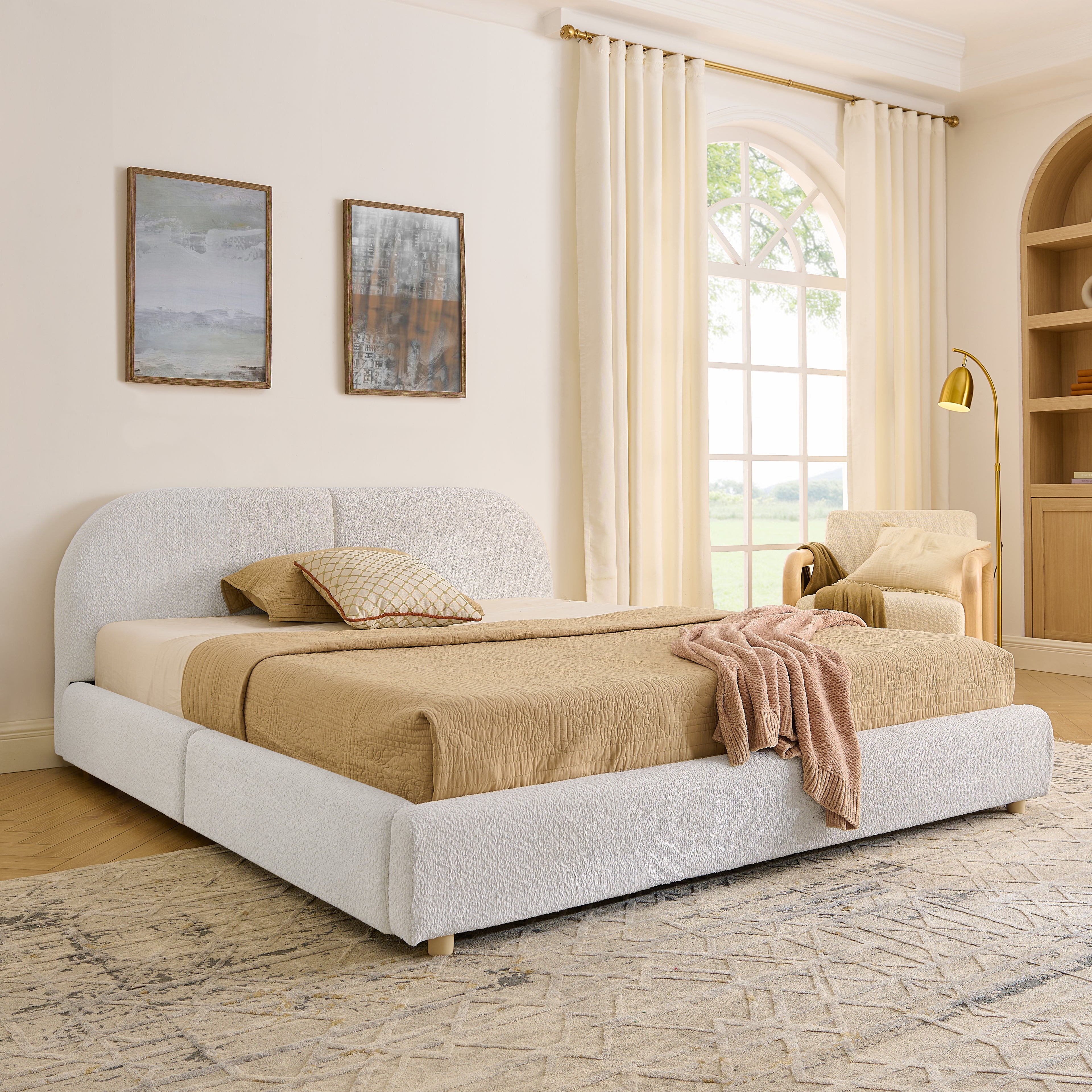 Queen Size Upholstered Bed Frame in Modern Minimalist Style - Beige