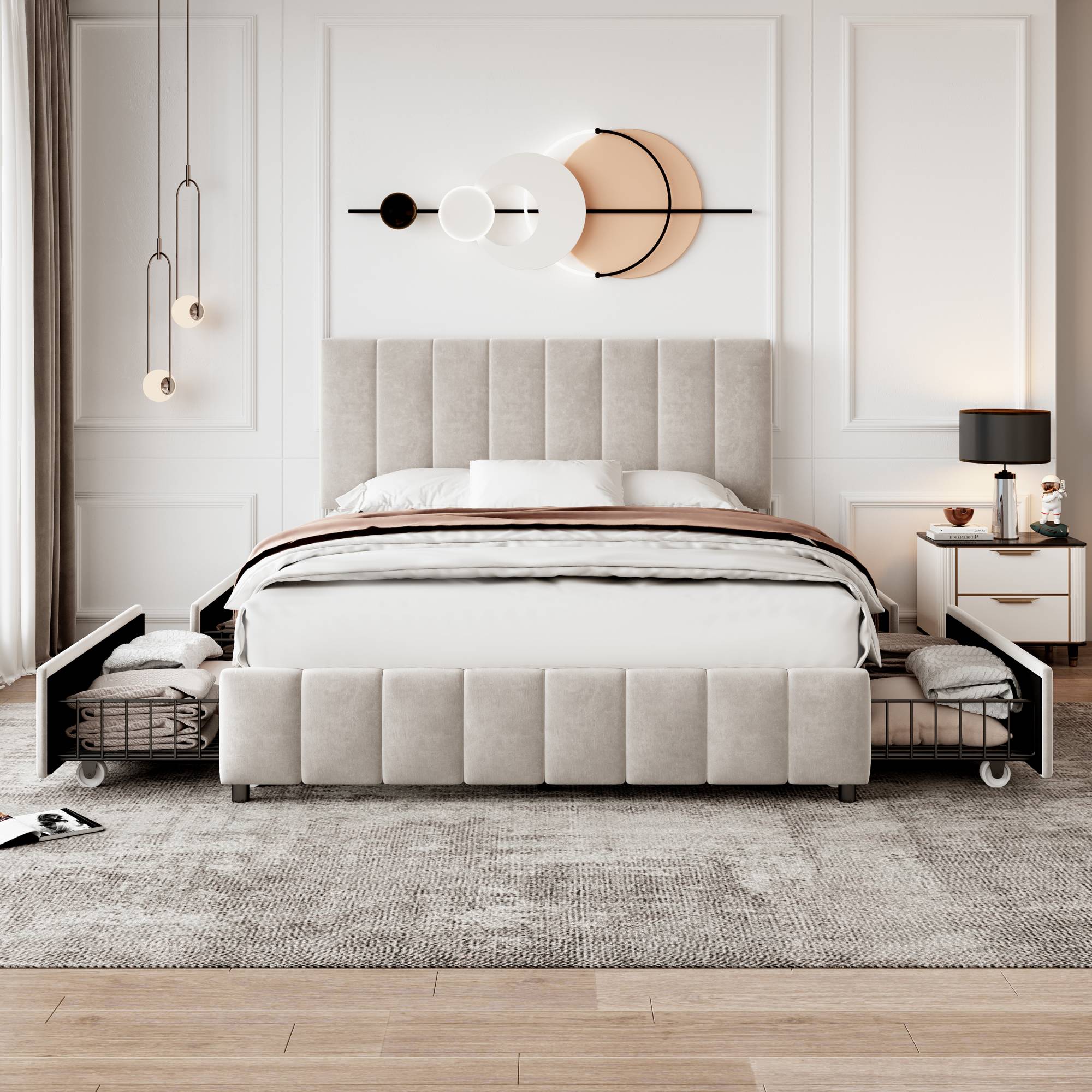 Double Bed Upholstered With 4 Storage Drawers - Beige