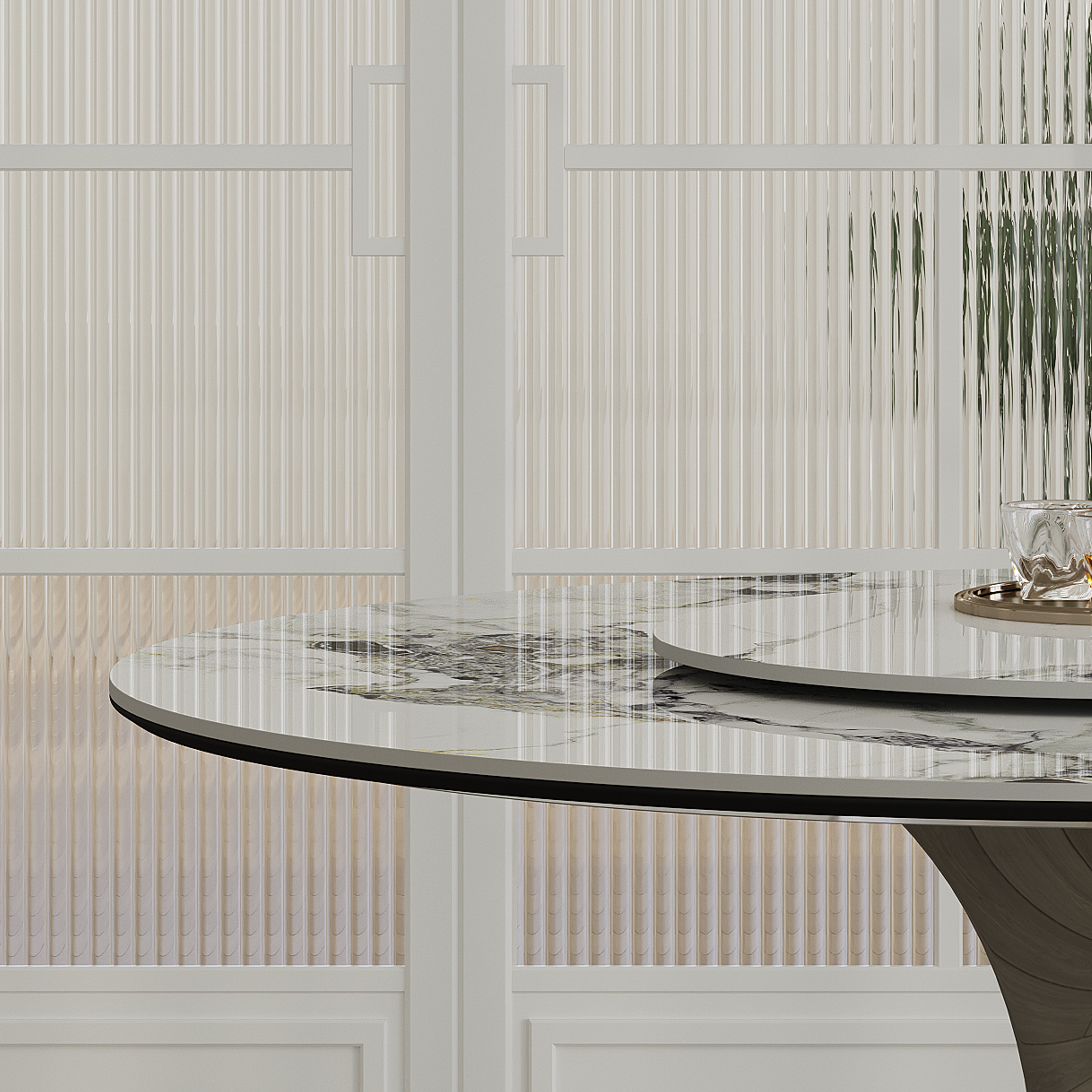 Round Sintered Marble Stone Dining Table Set With Stainless Steel Black Titanium Hourglass Base