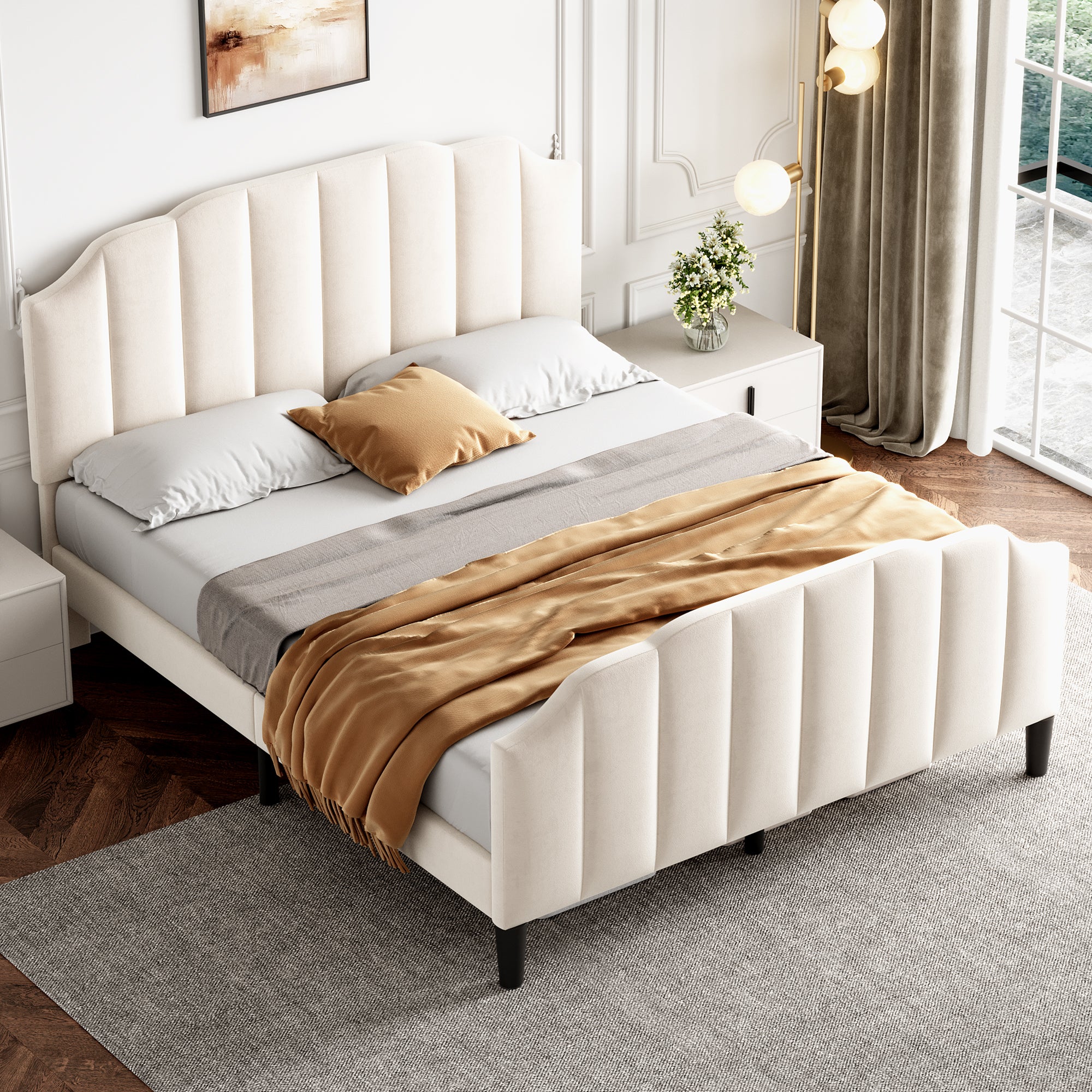 Velvet Upholstered Double Bed Frame - Beige