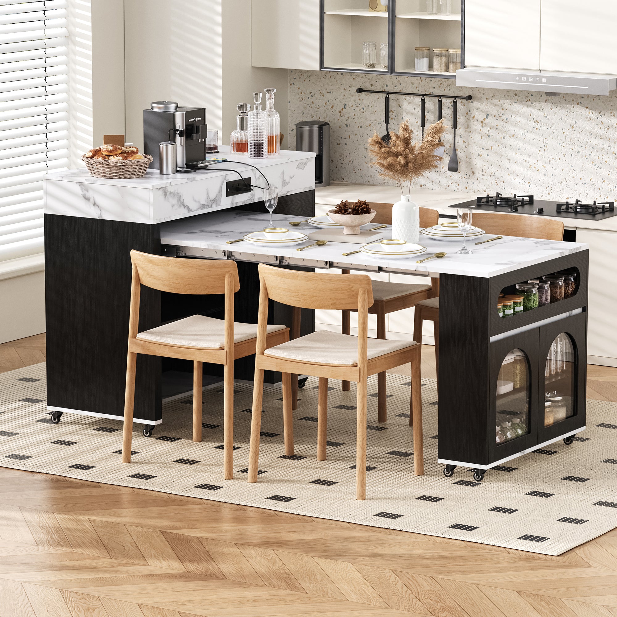 Extendable Kitchen Island With Dining Table and Storage - Black