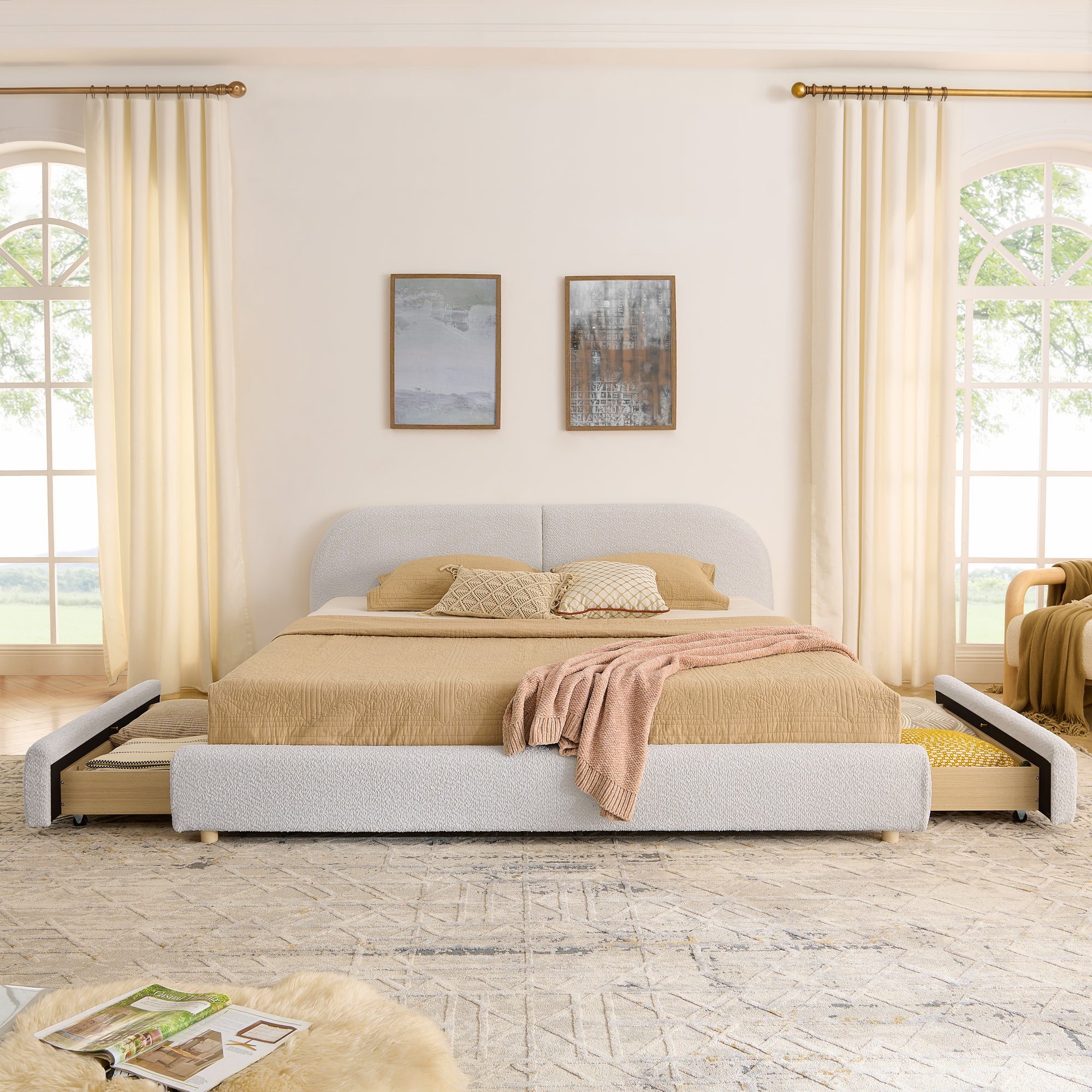 King Size Upholstered Bed Frame in Modern Minimalist Style - Beige