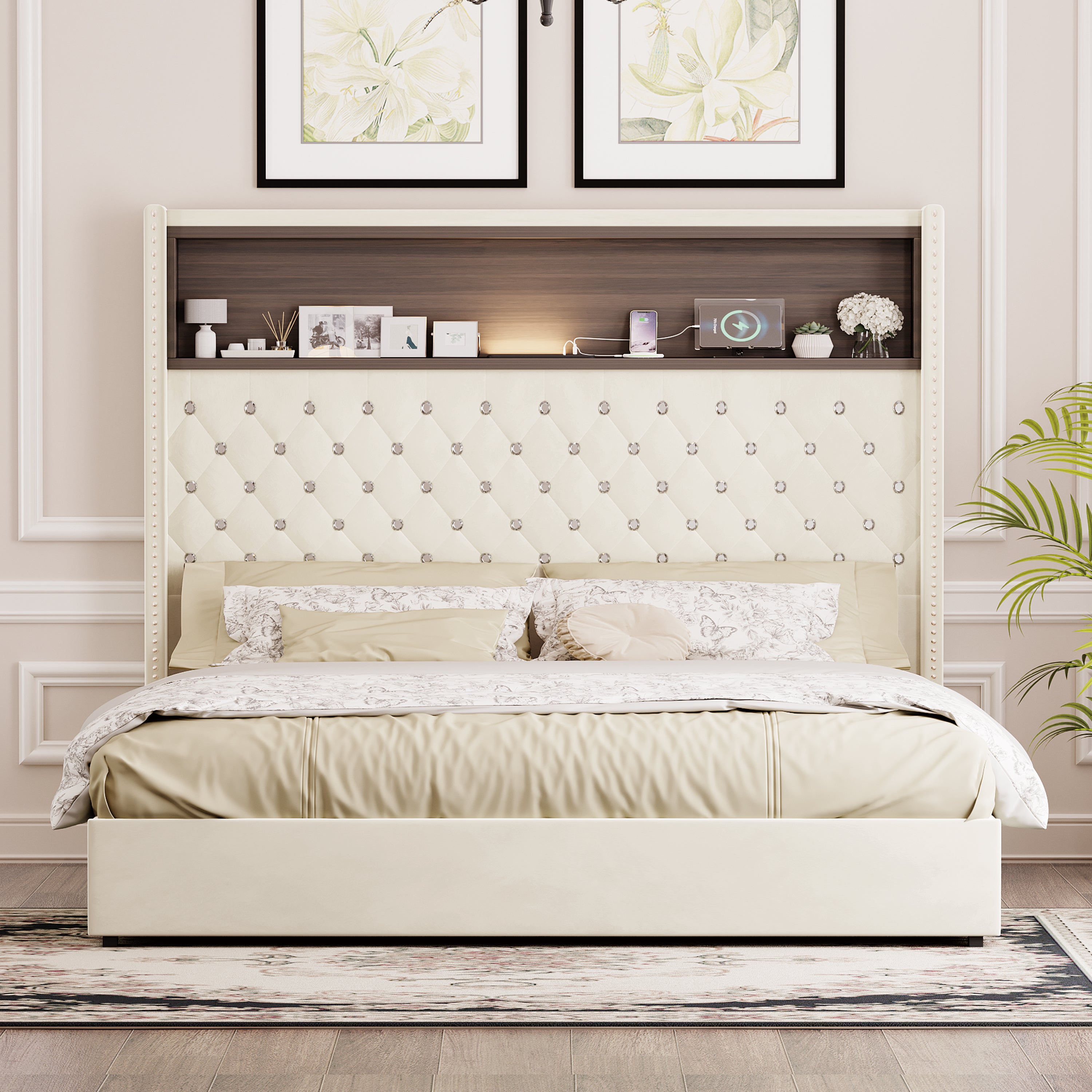 Queen Size Velvet Tufted Soft Bed Frame With USB Port And Night Light - Beige