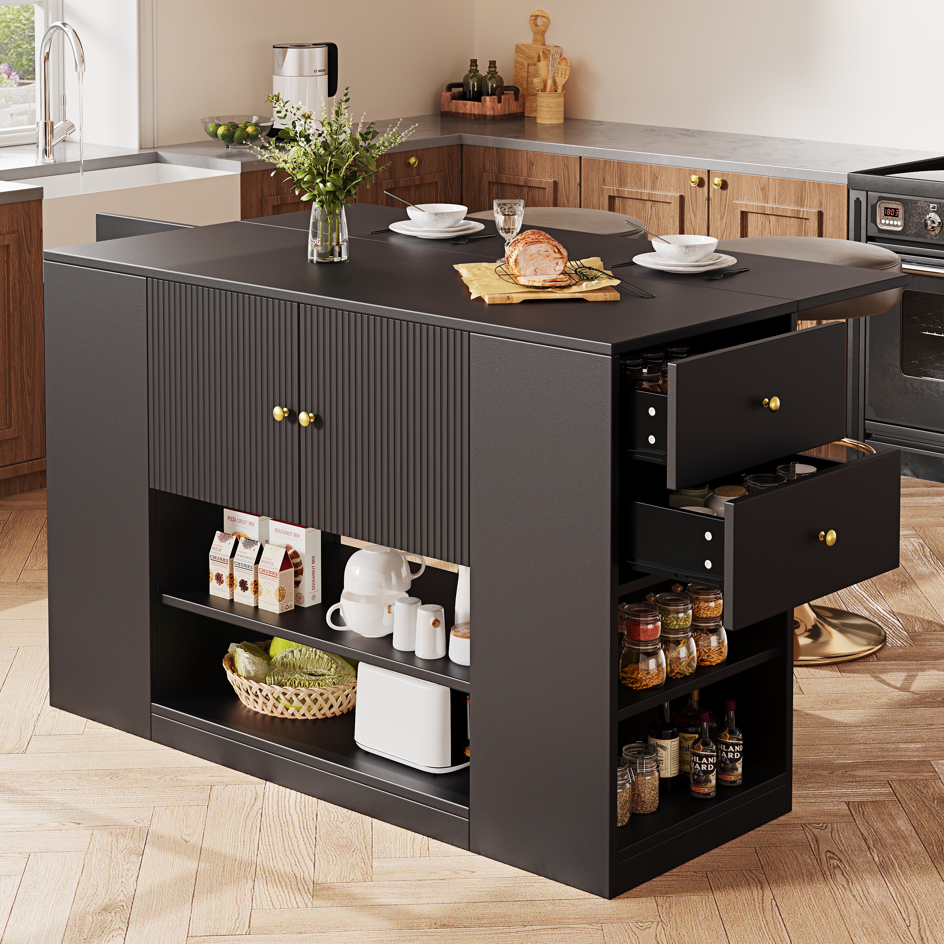 Kitchen Island Cabinet With Drawers And Shelves - Black