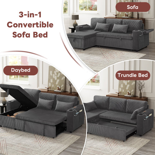 3 In 1 Convertible Corduroy Sofa Bed With Storage And Charging Station