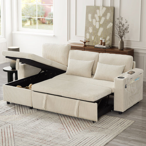3 In 1 Convertible Corduroy Sofa Bed With Storage And Charging Station