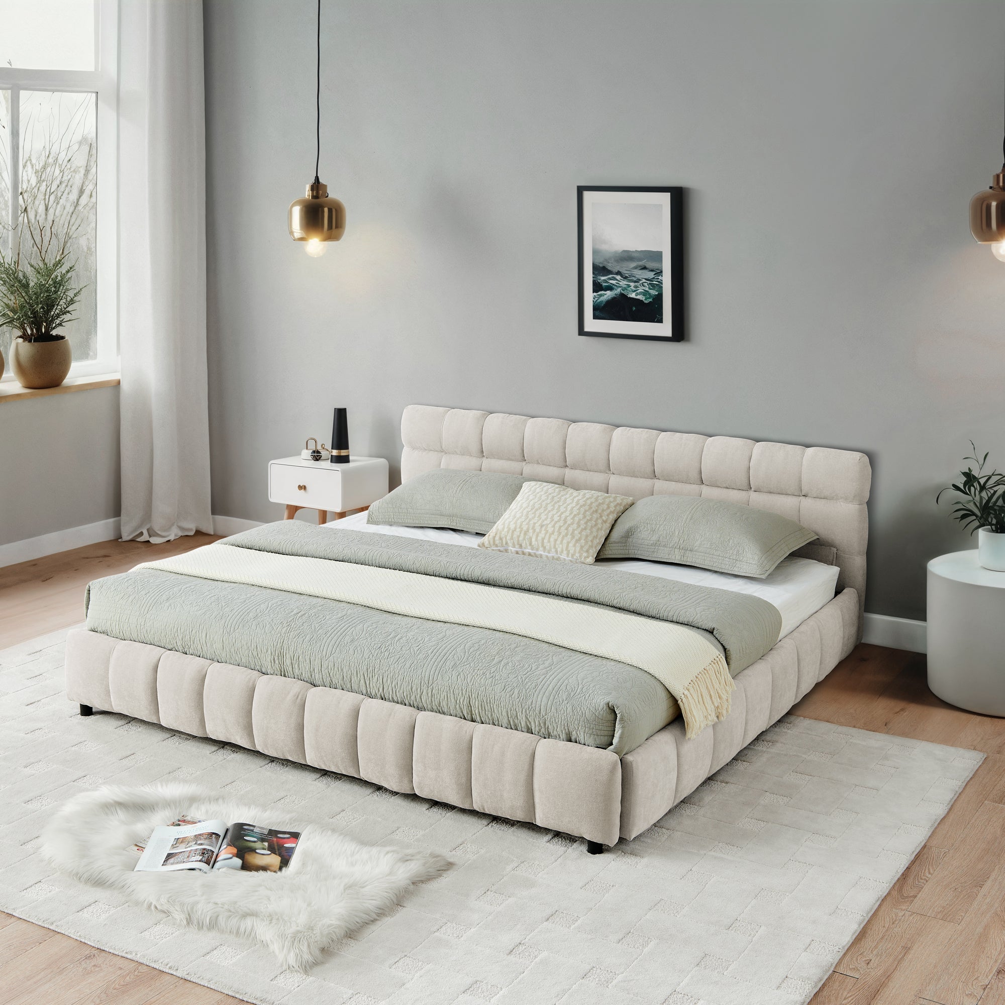 California King Size Upholstered Bed With Headboard And Drawer For Storage - Beige