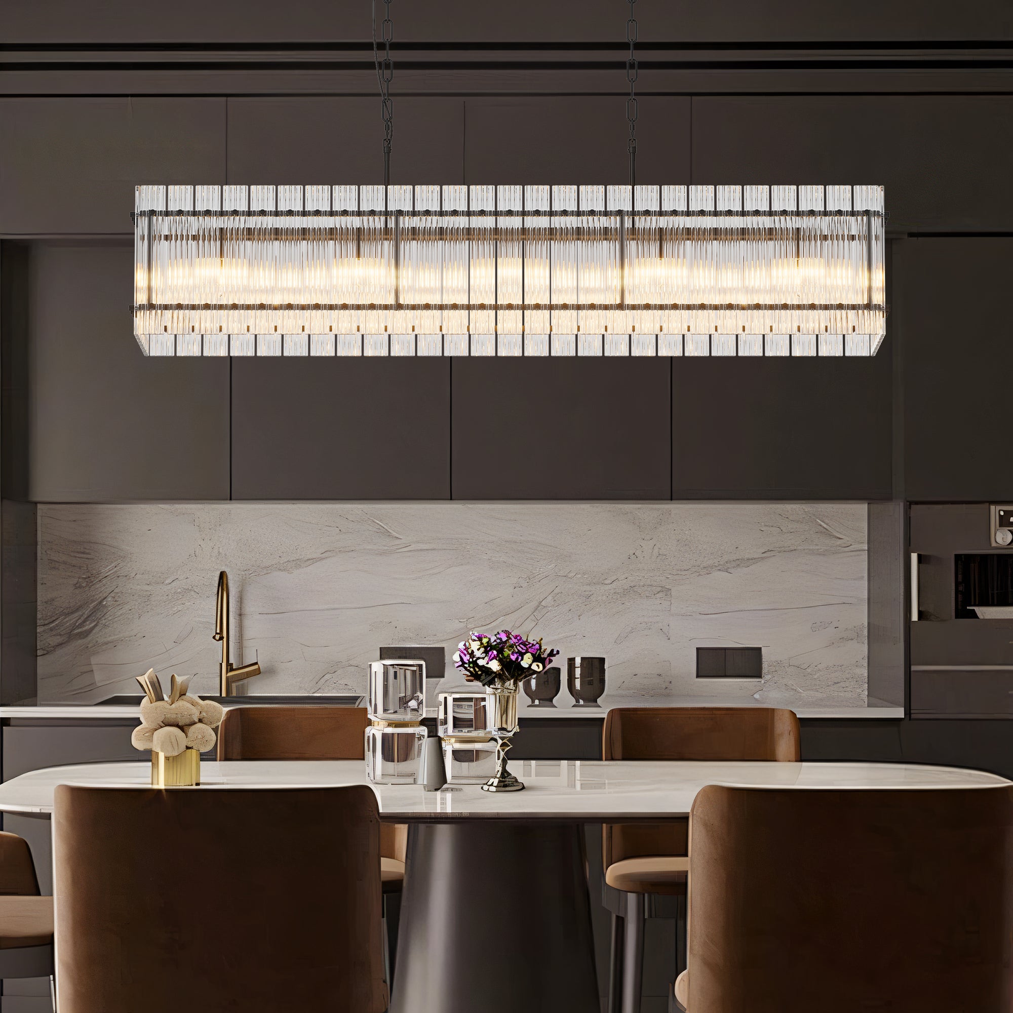 Modern Rectangular Crystal Glass Chandelier, 10-Lights Black Chandelier Lighting Contemporary Pendant Ceiling Light Fixture