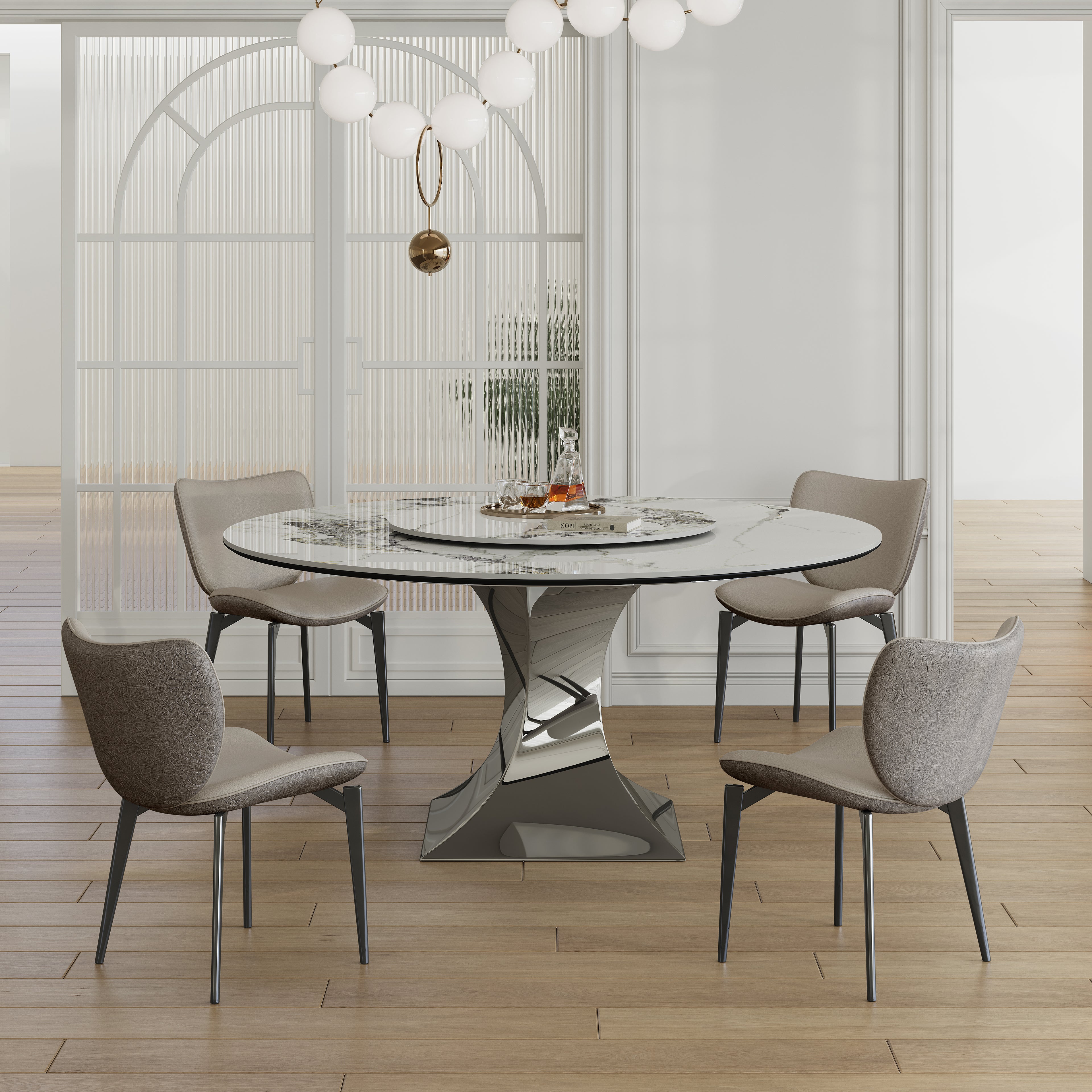 Round Sintered Marble Stone Dining Table Set With Stainless Steel Black Titanium Hourglass Base