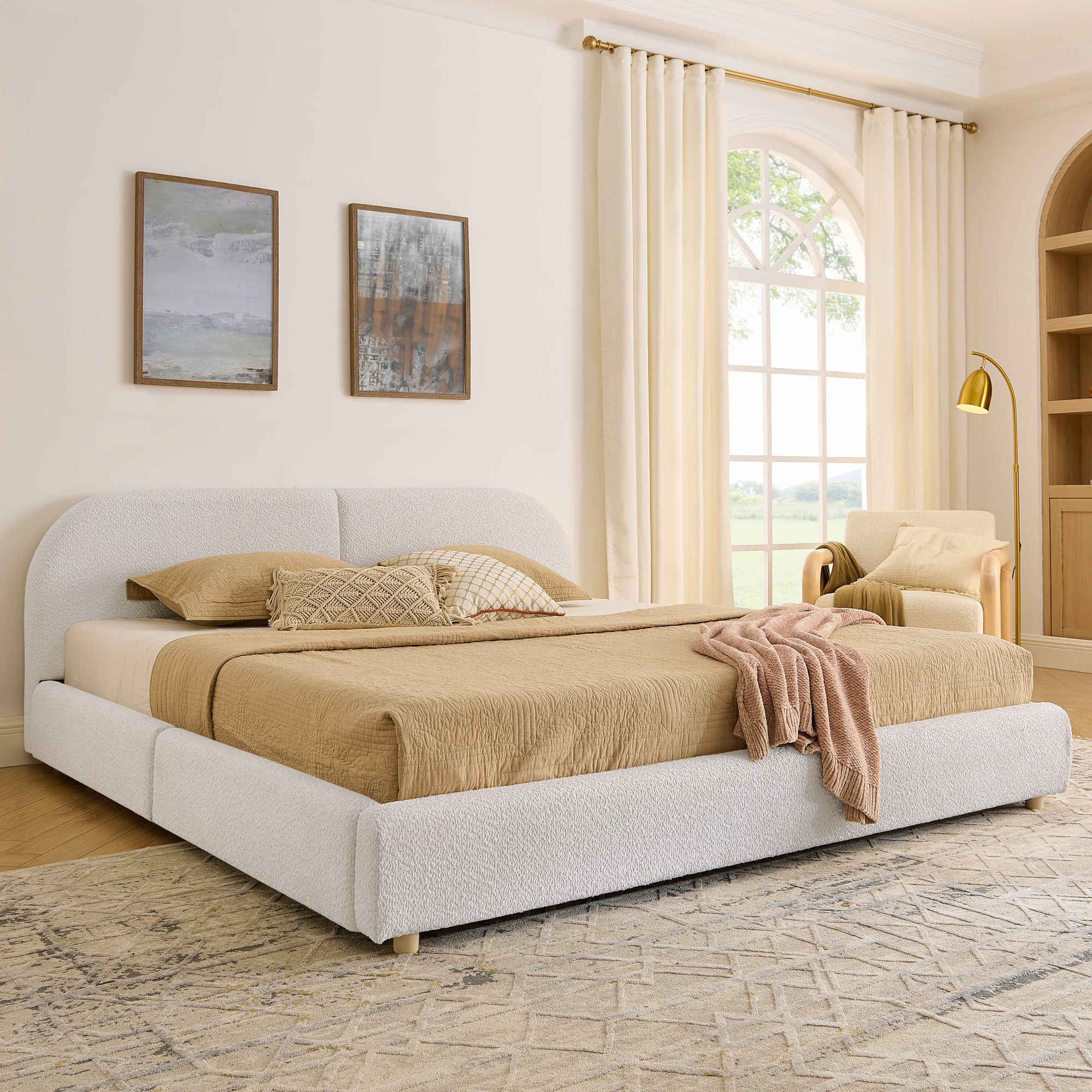 King Size Upholstered Bed Frame in Modern Minimalist Style - Beige
