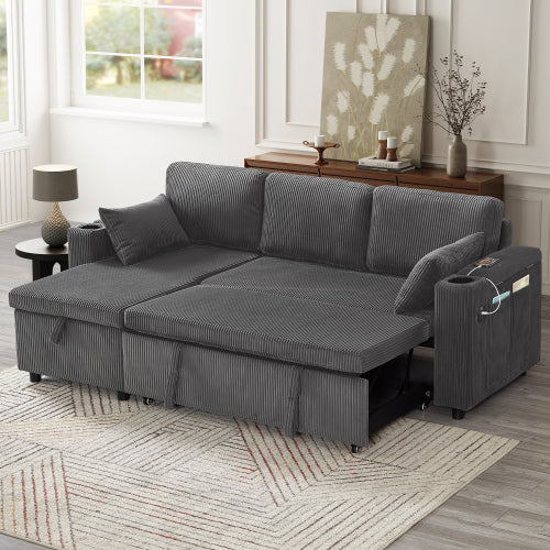3 In 1 Convertible Corduroy Sofa Bed With Storage And Charging Station
