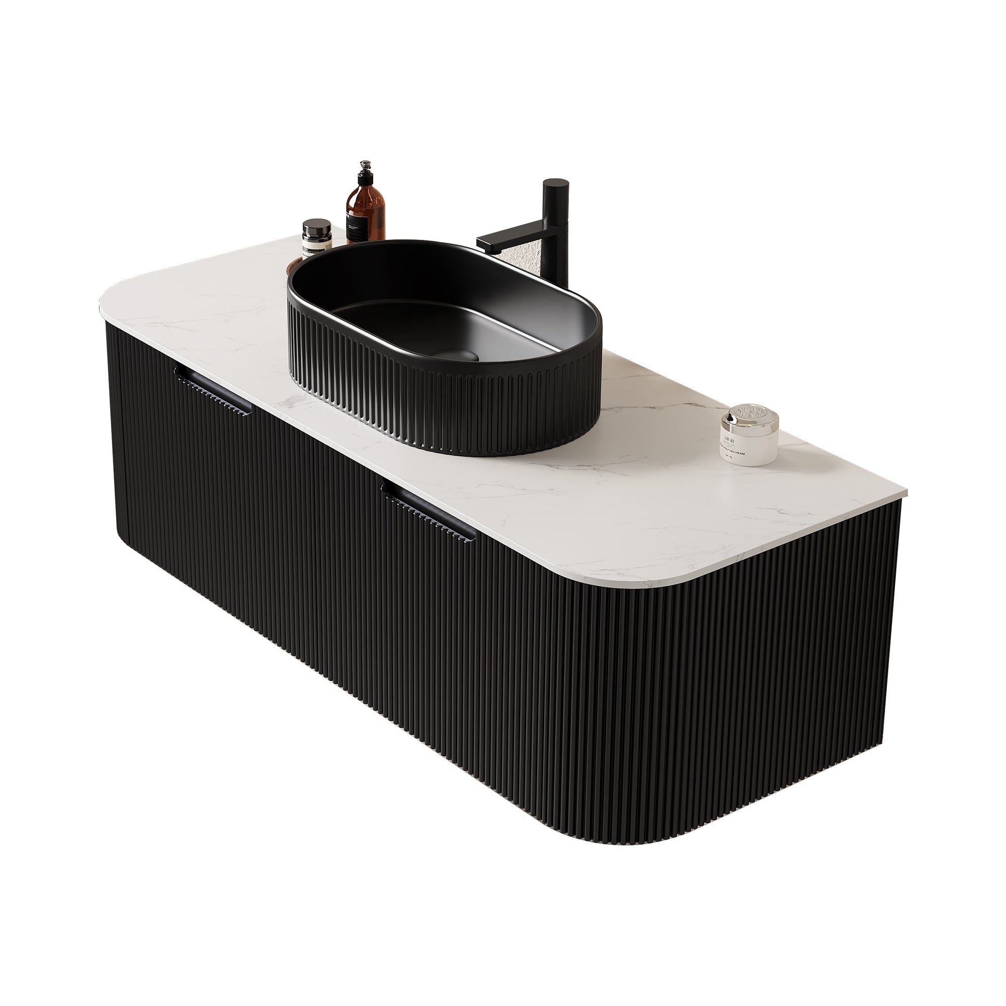 Floating Bathroom Vanity With Sink and Curved Edges Striped Storage Cabinet With 2 Drawers - Black Ceramic