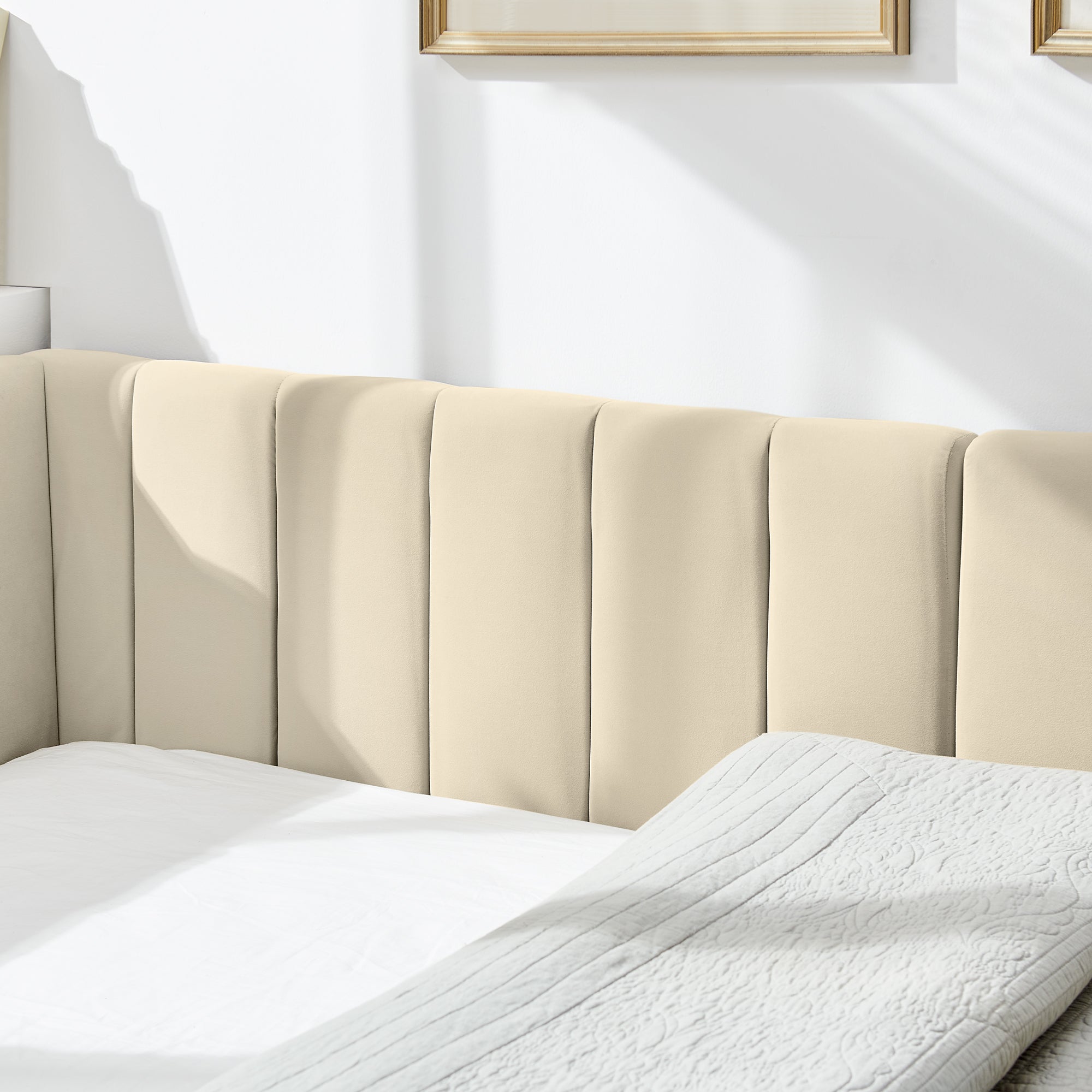 Queen Size Upholstered Tufted Bed Frame With Comfortable Backrest And Armrests - Velvet Beige