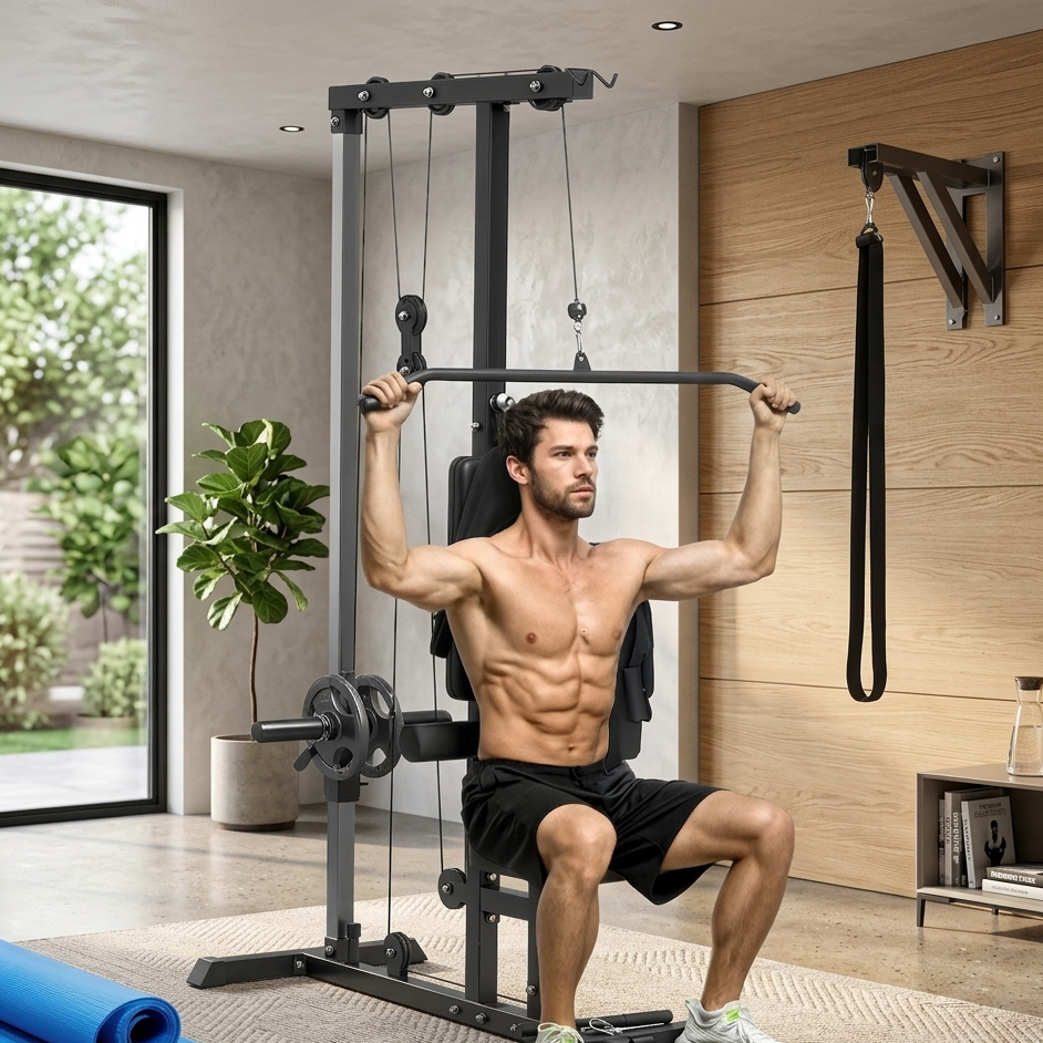 Lat Pull Down Machine, High / Low Pulley Machine with Adjustable Seat and Flip-Up Footplate, Black