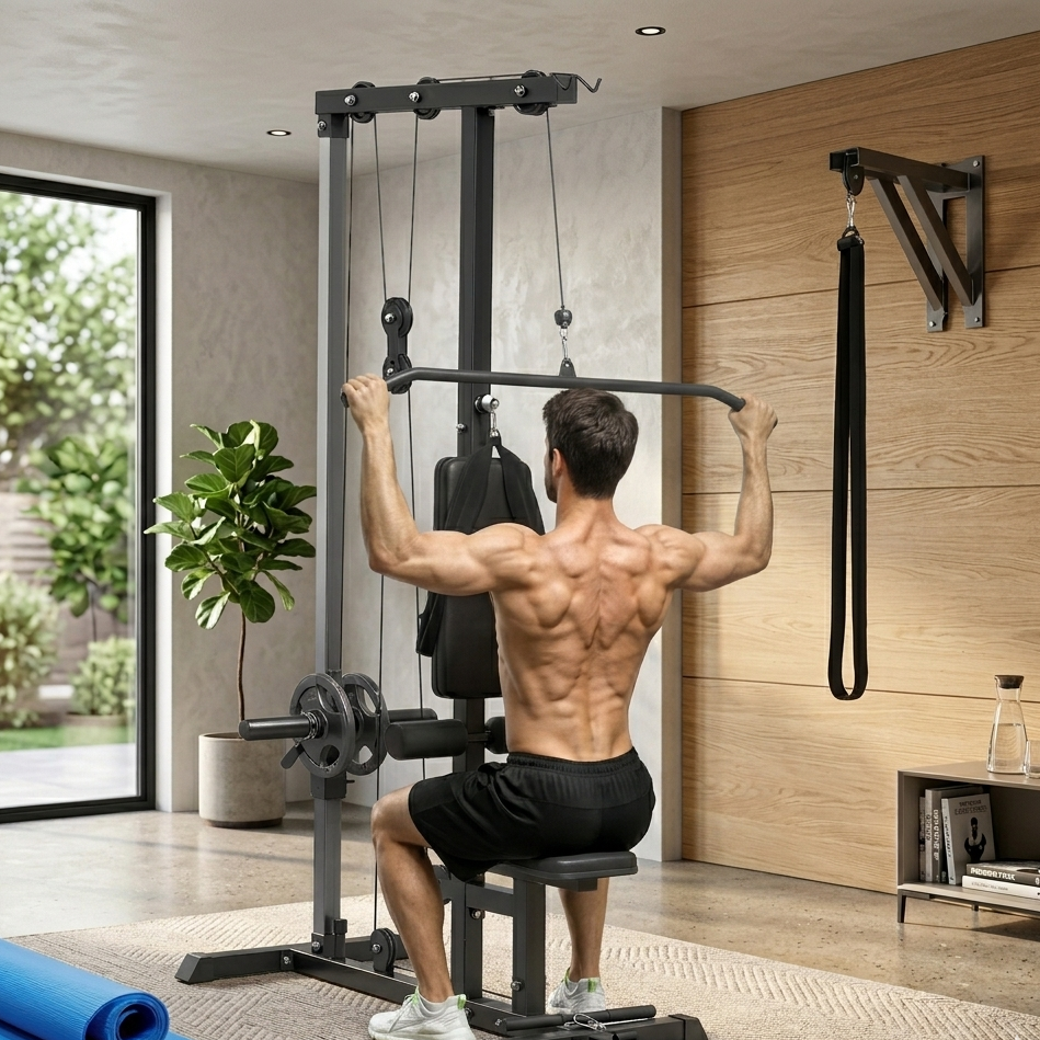 Lat Pull Down Machine, High / Low Pulley Machine with Adjustable Seat and Flip-Up Footplate, Black