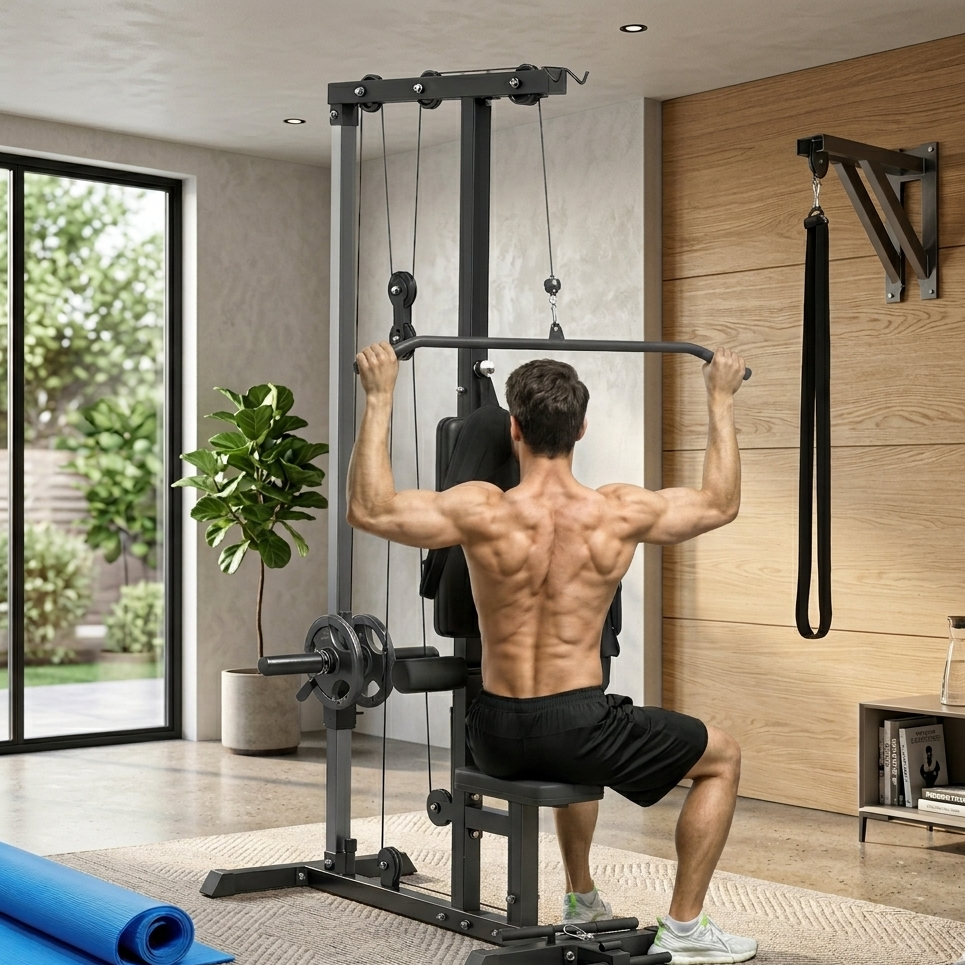 Lat Pull Down Machine, High / Low Pulley Machine with Adjustable Seat and Flip-Up Footplate, Black