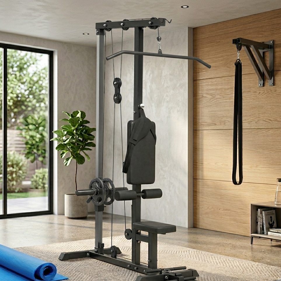 Lat Pull Down Machine, High / Low Pulley Machine with Adjustable Seat and Flip-Up Footplate, Black