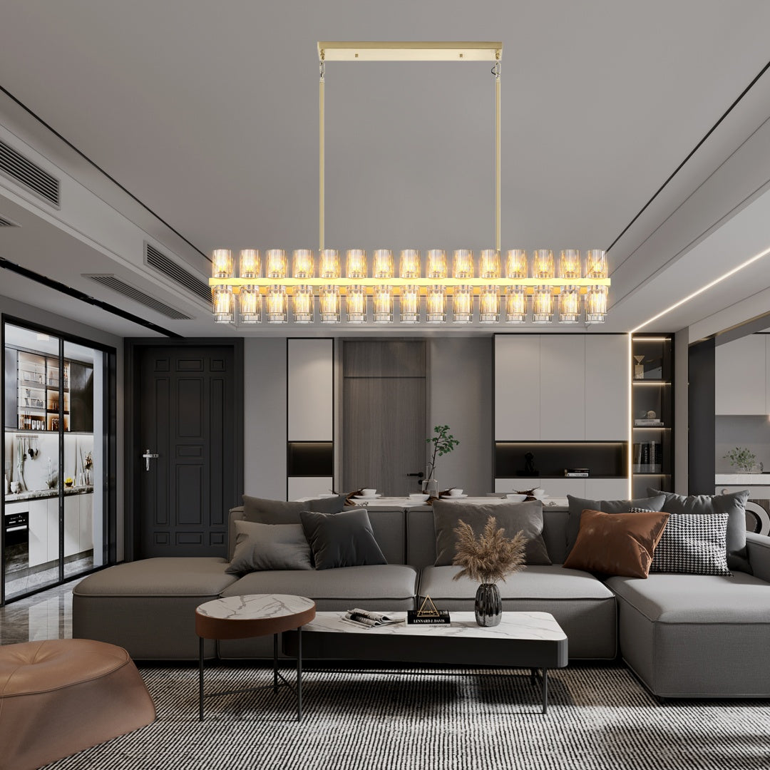 Modern Crystal Brass Rectangle Chandeliers, 54in Gold Farmhouse Chandeliers