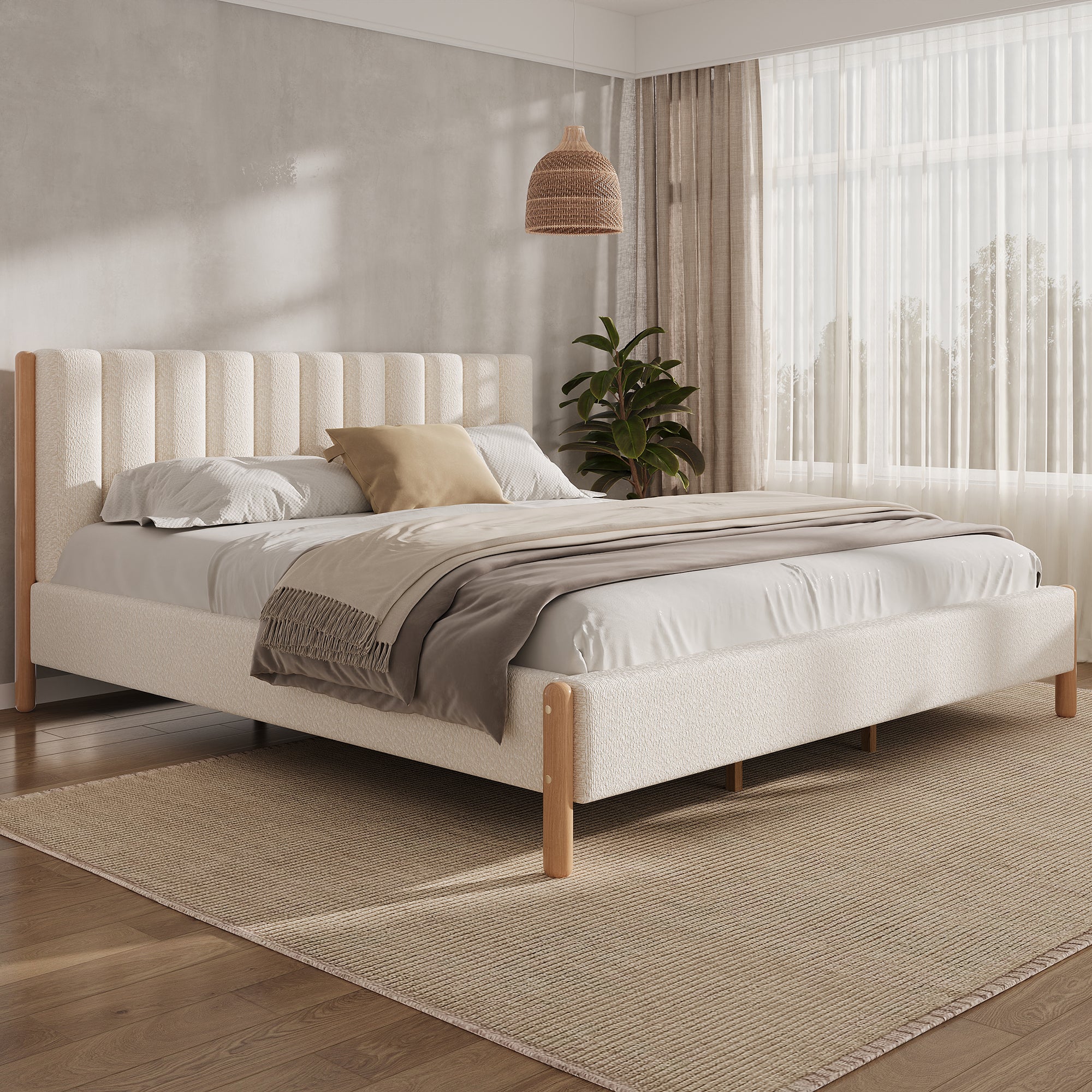 King Size Bed Frame With Boucle Upholstered Thick Headboard, Solid Wooden Legs - White