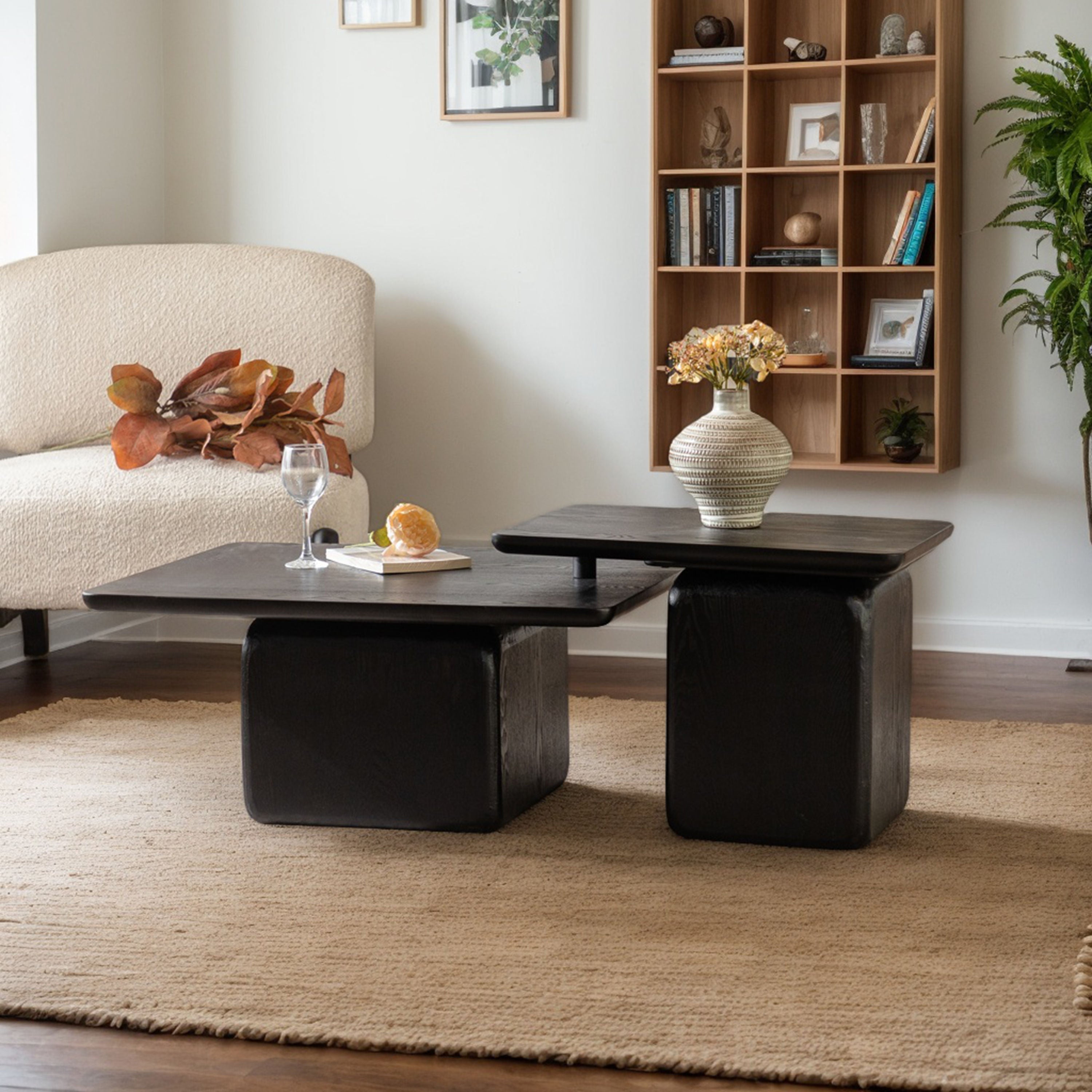 Vintage Fashion Style Square Coffee Table Set With Wood Grain Finish - Black