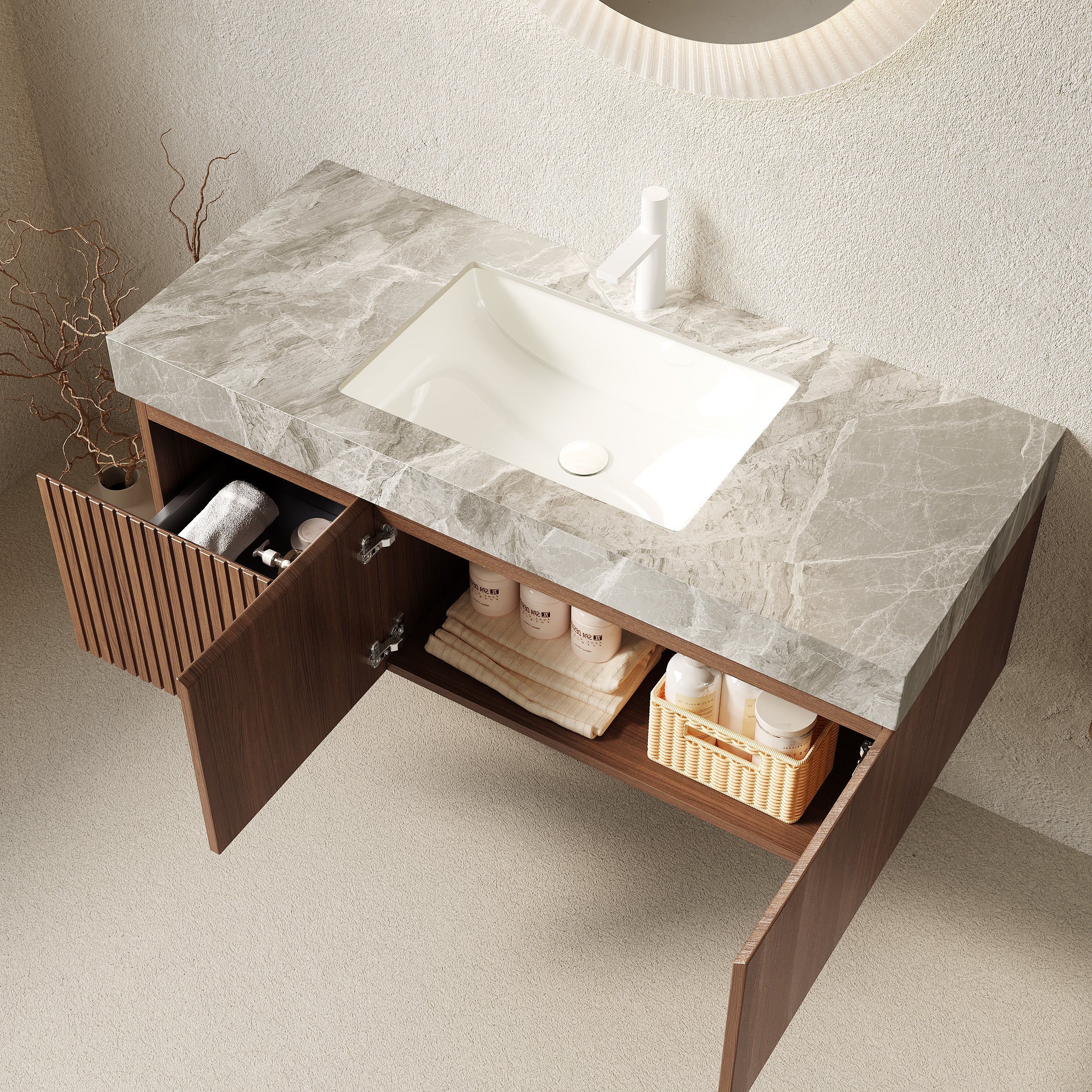 Floating Bathroom Vanity Sink and Plywood Storage Cabinet With Drawer & Doors - Brown Oak Woodgrain