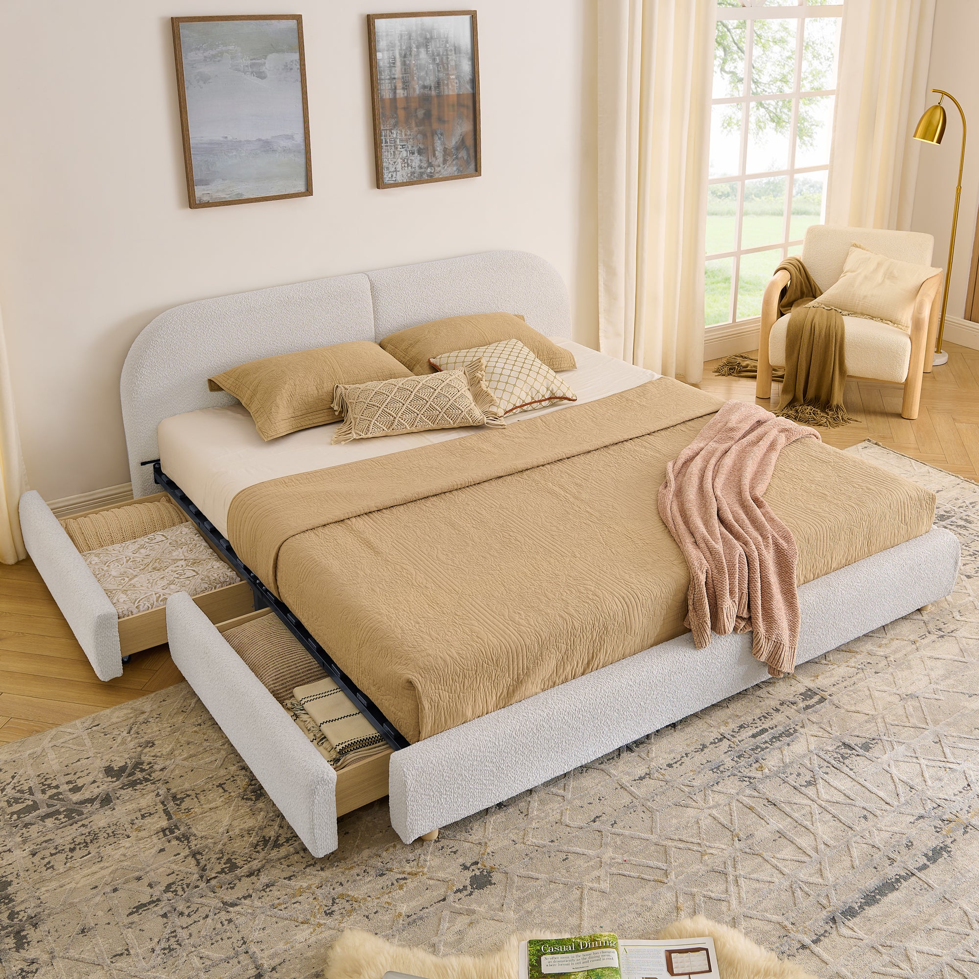 King Size Upholstered Bed Frame in Modern Minimalist Style - Beige