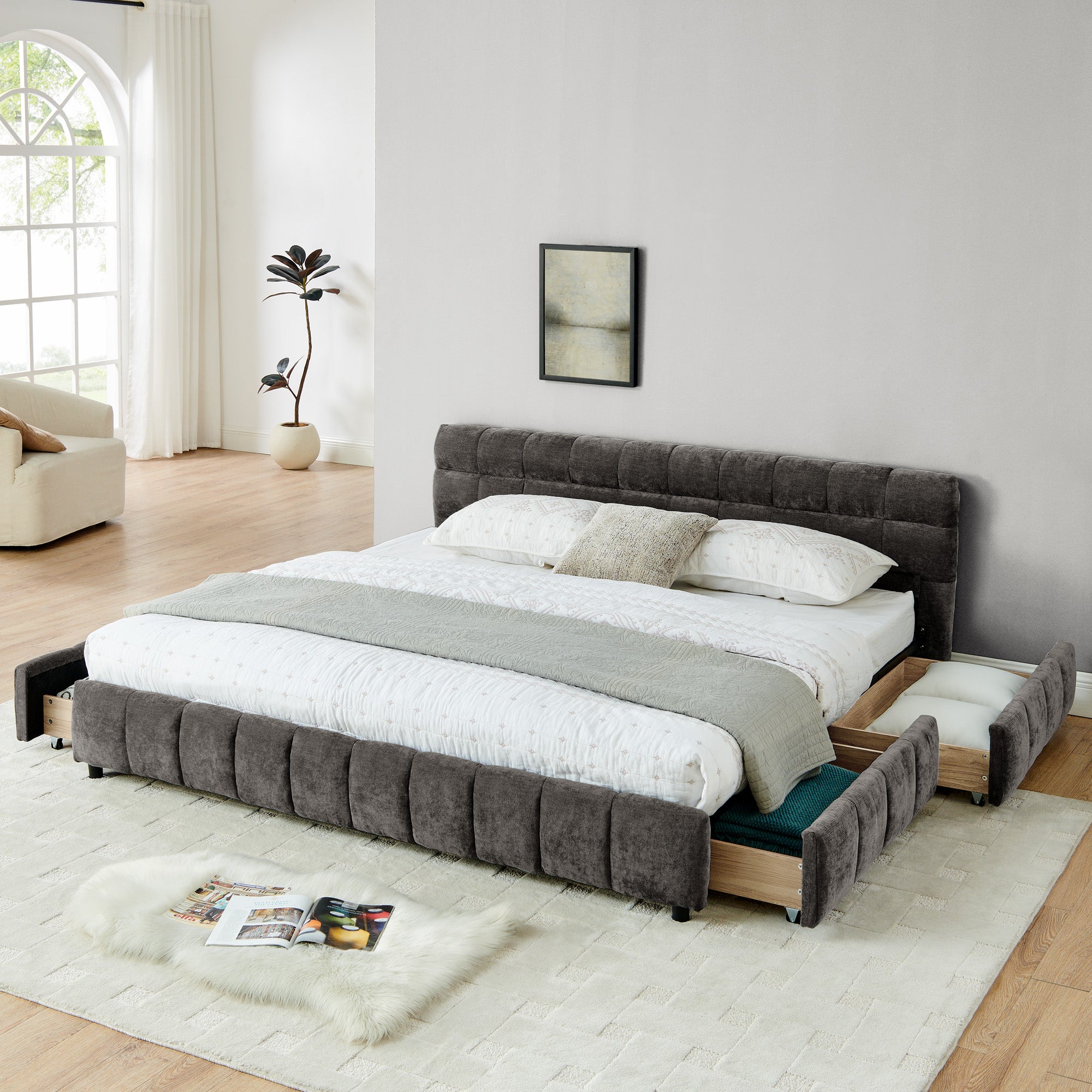 California King Size Upholstered Bed With Headboard And Drawer For Storage - Dark Gray
